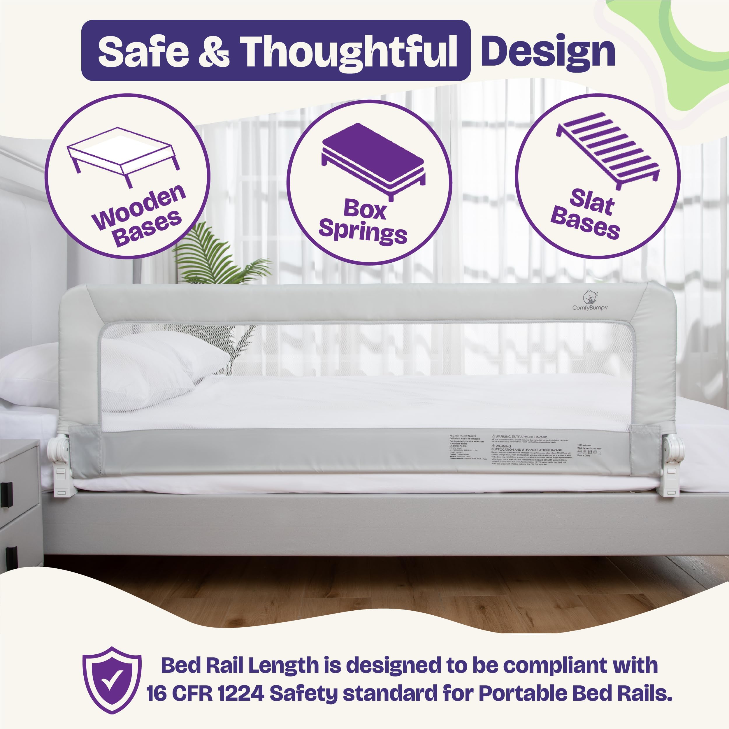 ComfyBumpy 1-Pack Bed Rail for Toddlers 55.5" L x 19.5" H | Toddler Bed Rails for Twin, Full, Queen & King Mattress Size | Swing Down Rail Guard | Mattress Side Rail for Kids | Gray