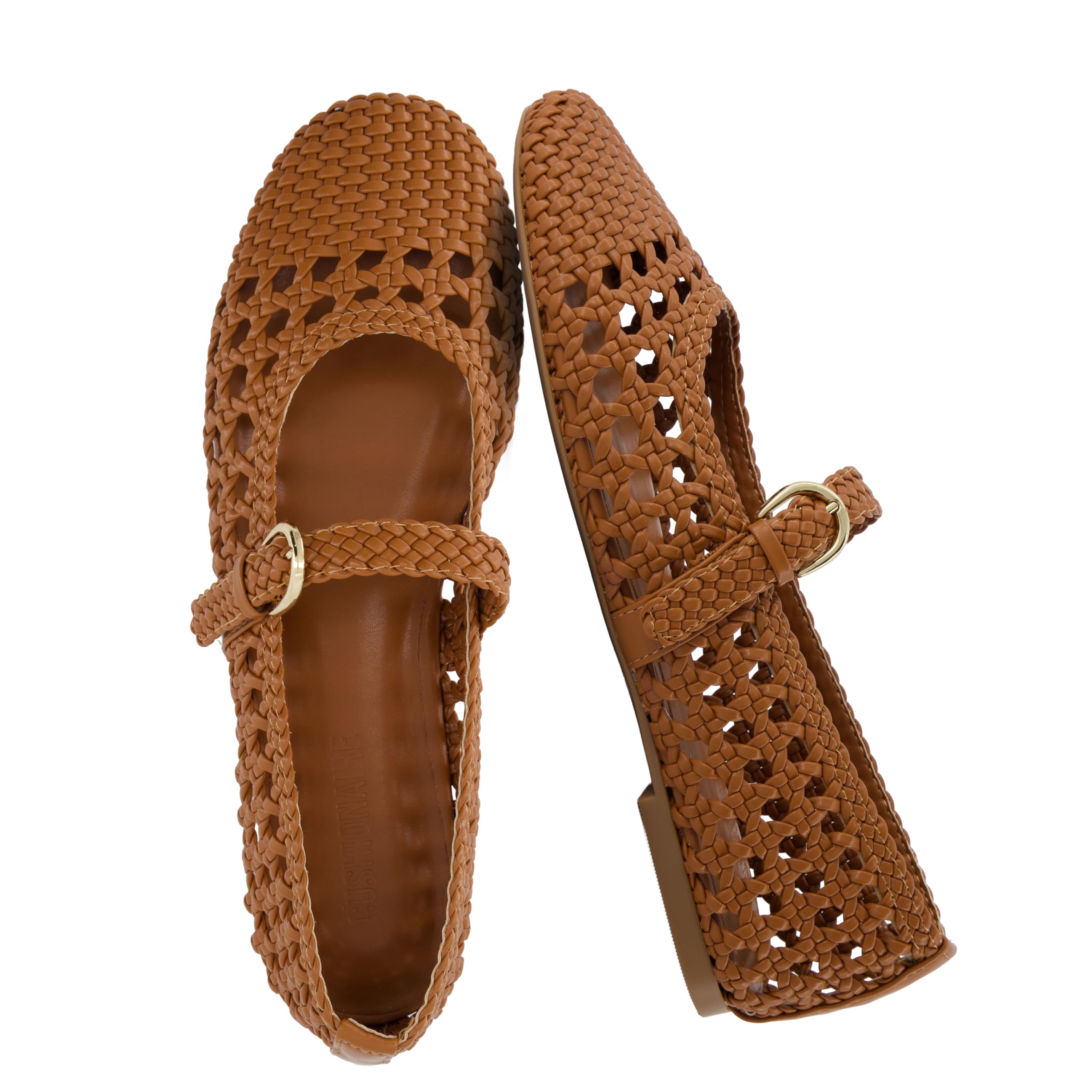 CUSHIONAIRE Windsor Woven Womens Flats with Adjustable Strap – Comfortable Mary Jane Ballet Flats for Women, Cognac 6