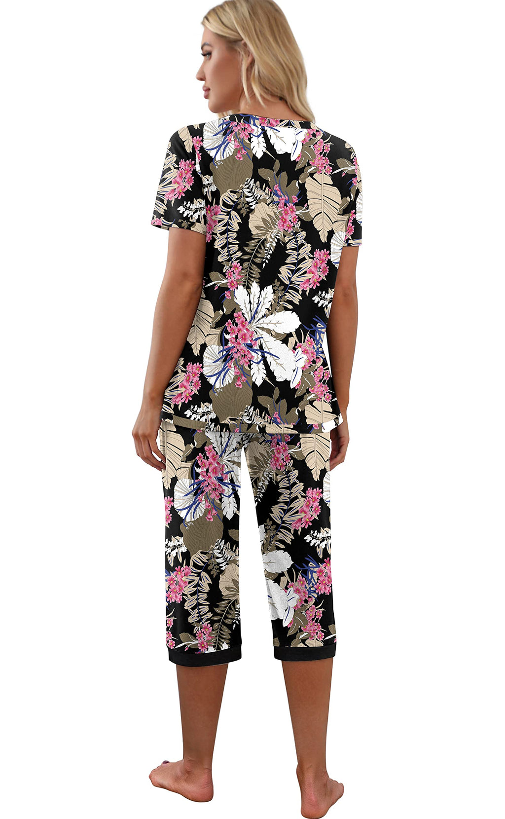 PrinStory Womens Pajama Sets Summer Ladies Pjs 2 Piece Loungewear Capri with Pockets 2XL,FP-Big Leaf Pink