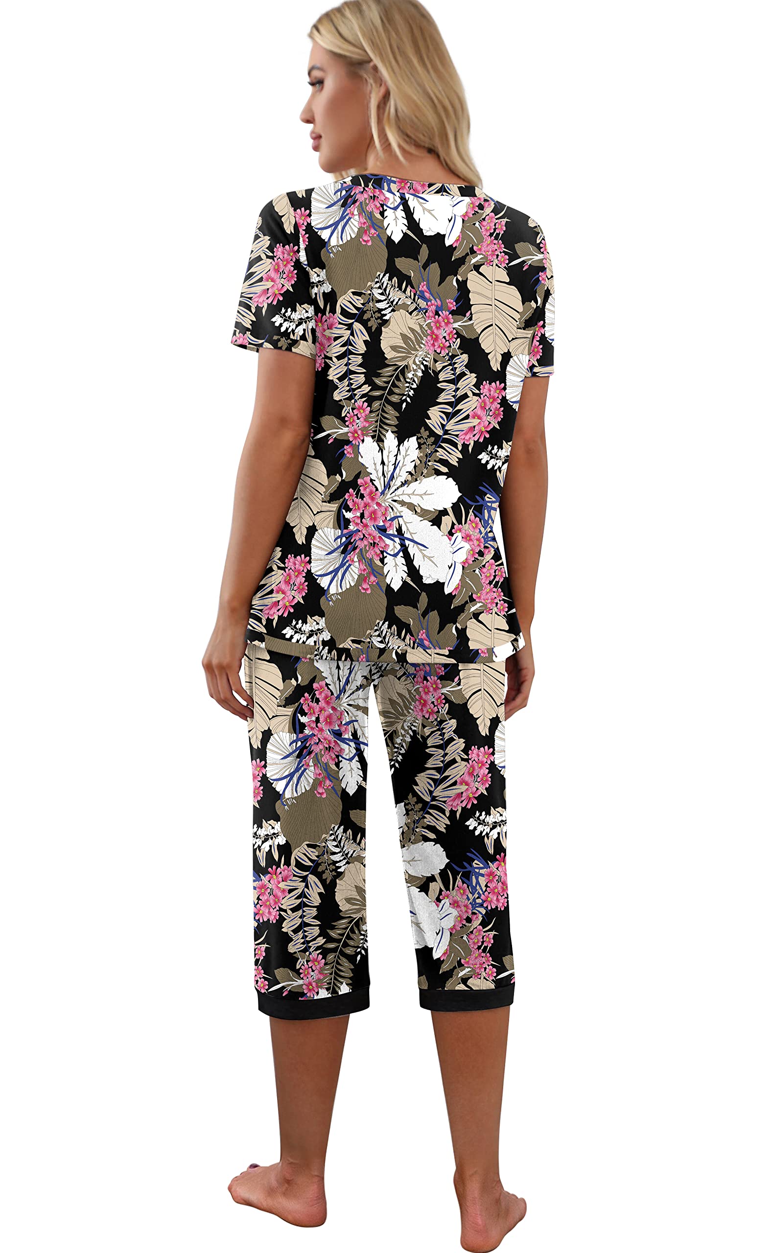 PrinStory Womens Pajama Sets Summer Ladies Pjs 2 Piece Loungewear Capri with Pockets 2XL,FP-Big Leaf Pink