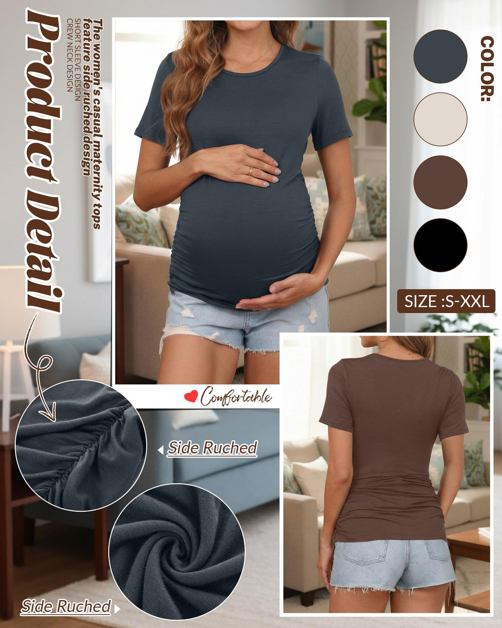 Huukeay 4 Pack Women's Short Sleeve Maternity Tops, 4-Color, Large
