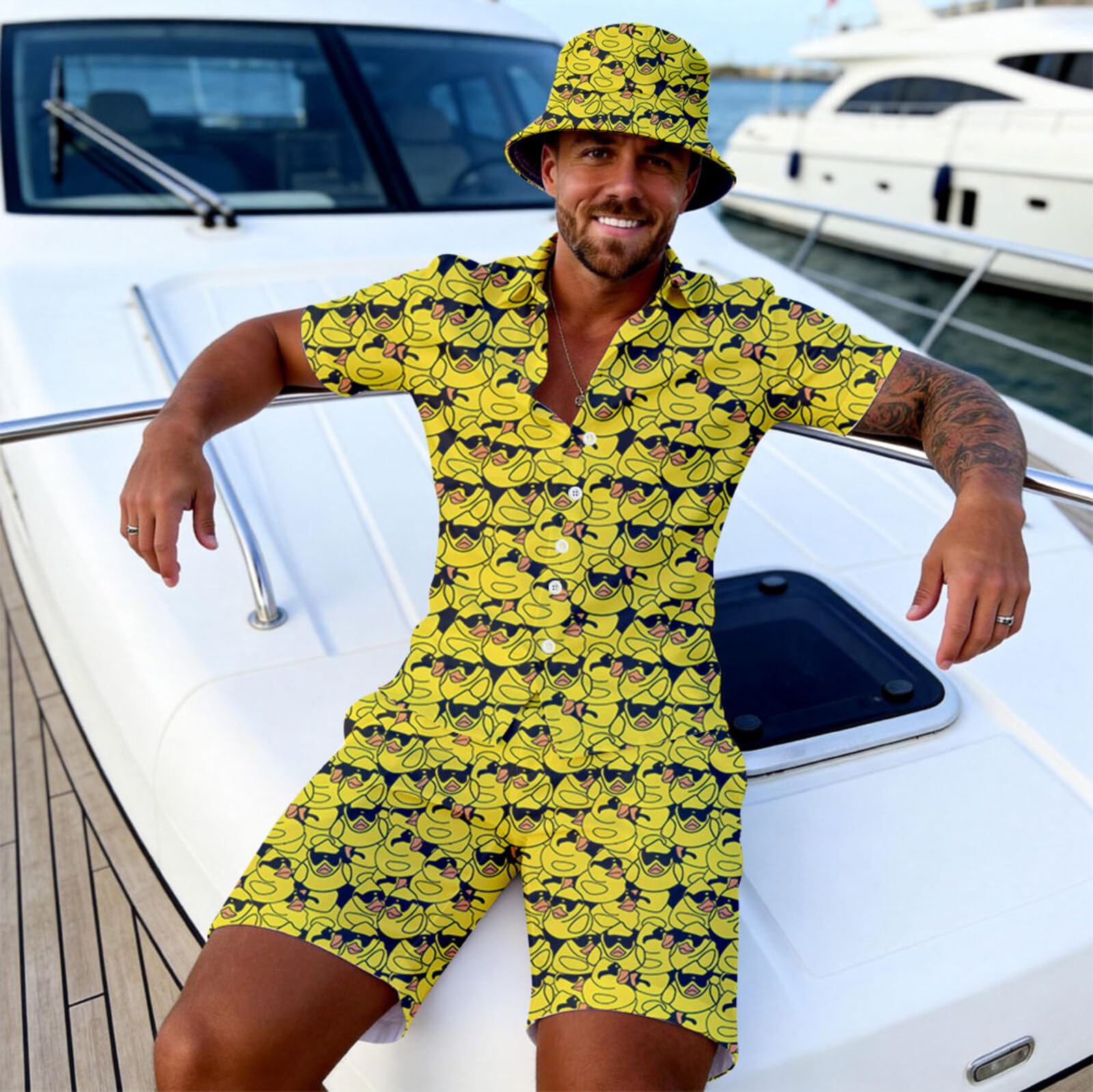 Wdpsuxin Mens Sunglasses Rubber Duck 2 Piece Short Set Hawaiian Button Down Shirt And Compression Liner 2 In 1 Shorts Sets With Bucket Hats Large