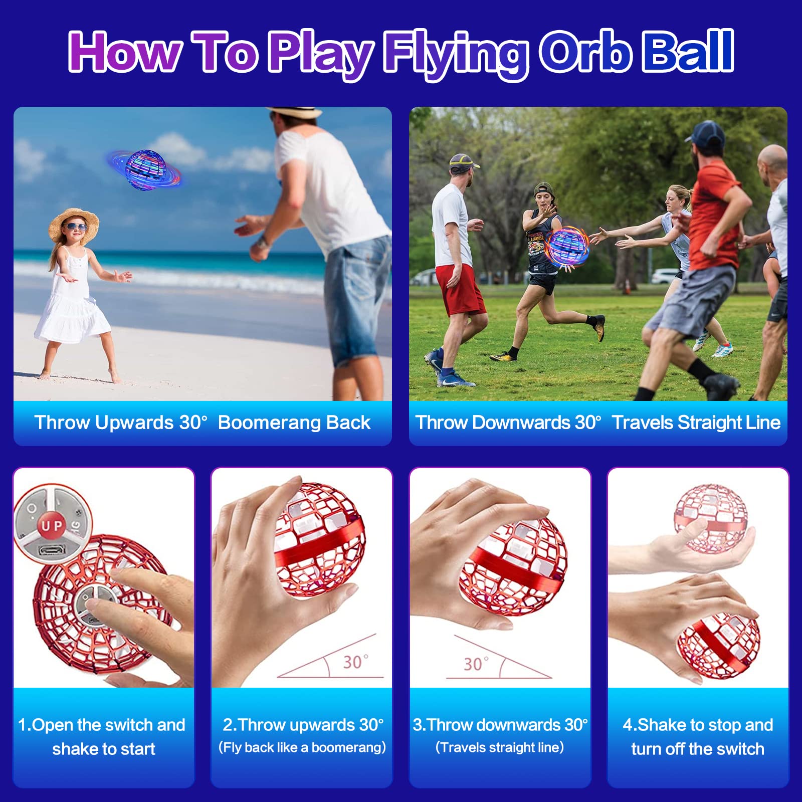 SUMMERLANGUAGE Flying Orb Ball Toy - 2025 Upgraded Magic Flying Orb Toy with LED Light 360°Rotating, Boomerang Flying Toys Indoor Outdoor Fun Games, for 6 7 8 9 10 12+ Year Old Kids Boys Girls Adults