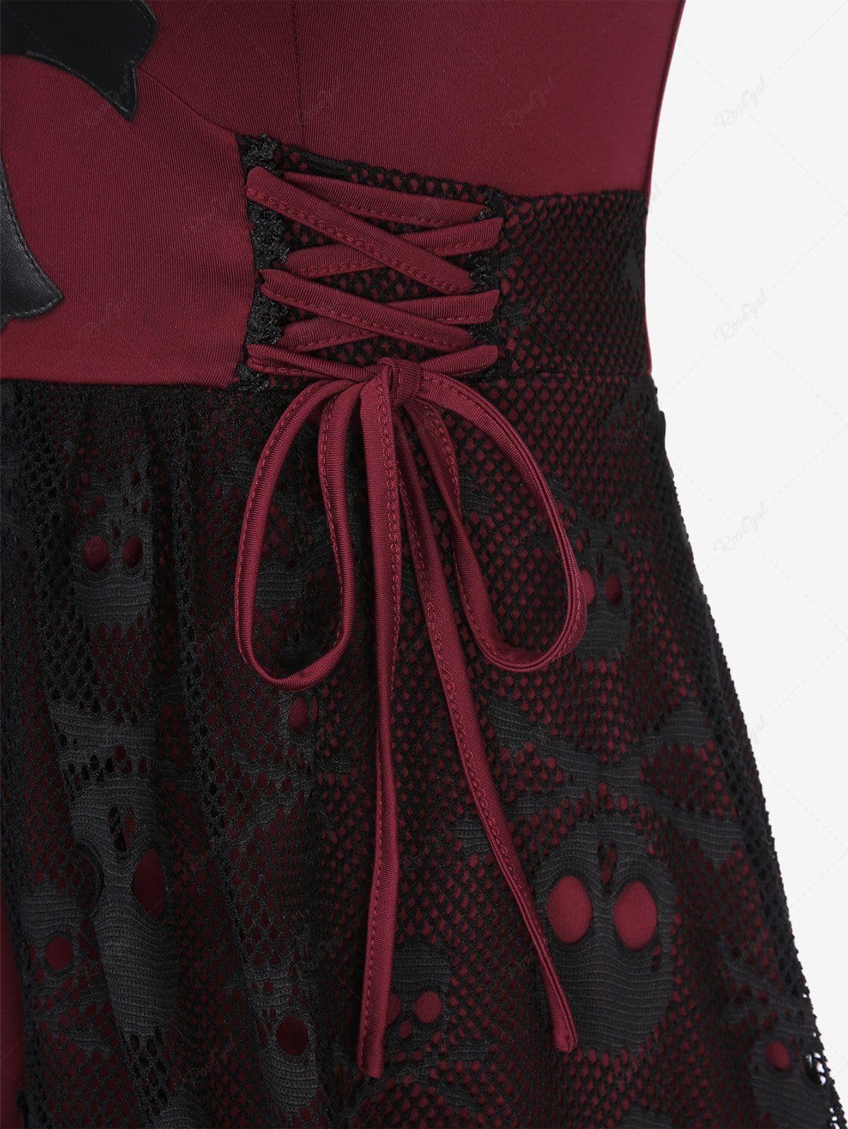ROSE GAL Women Plus Size Gothic Lace-up PU Cross Skulls Lace Panel Asymmetrical High Low Midi Dress Rivets Straps Punk Dress(Red_3/4X)