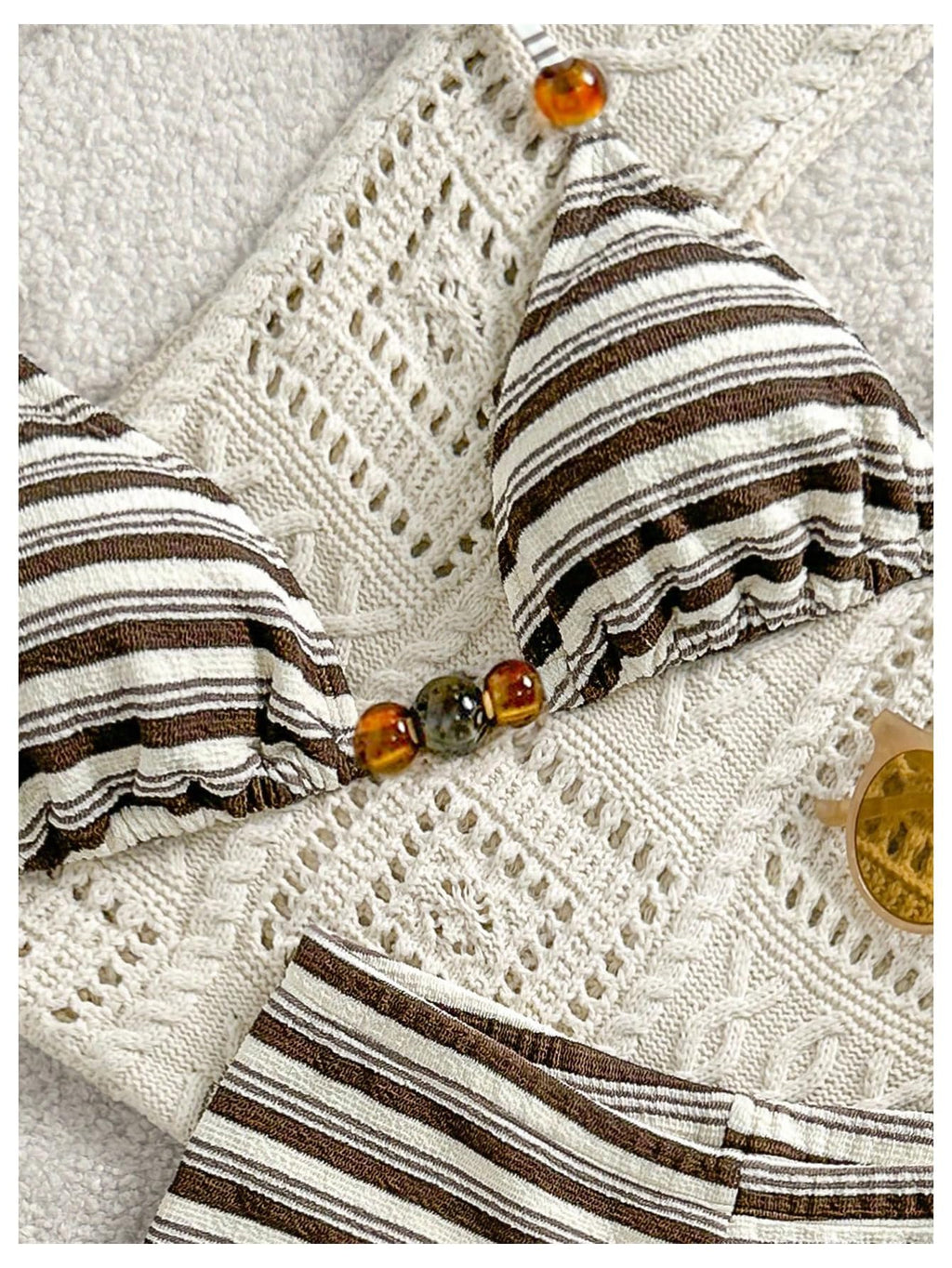 WDIRARA Women's Striped Halter Bikini Set Beaded Triangle Swimsuit 2 Piece Bathing Suit Coffee Brown Medium