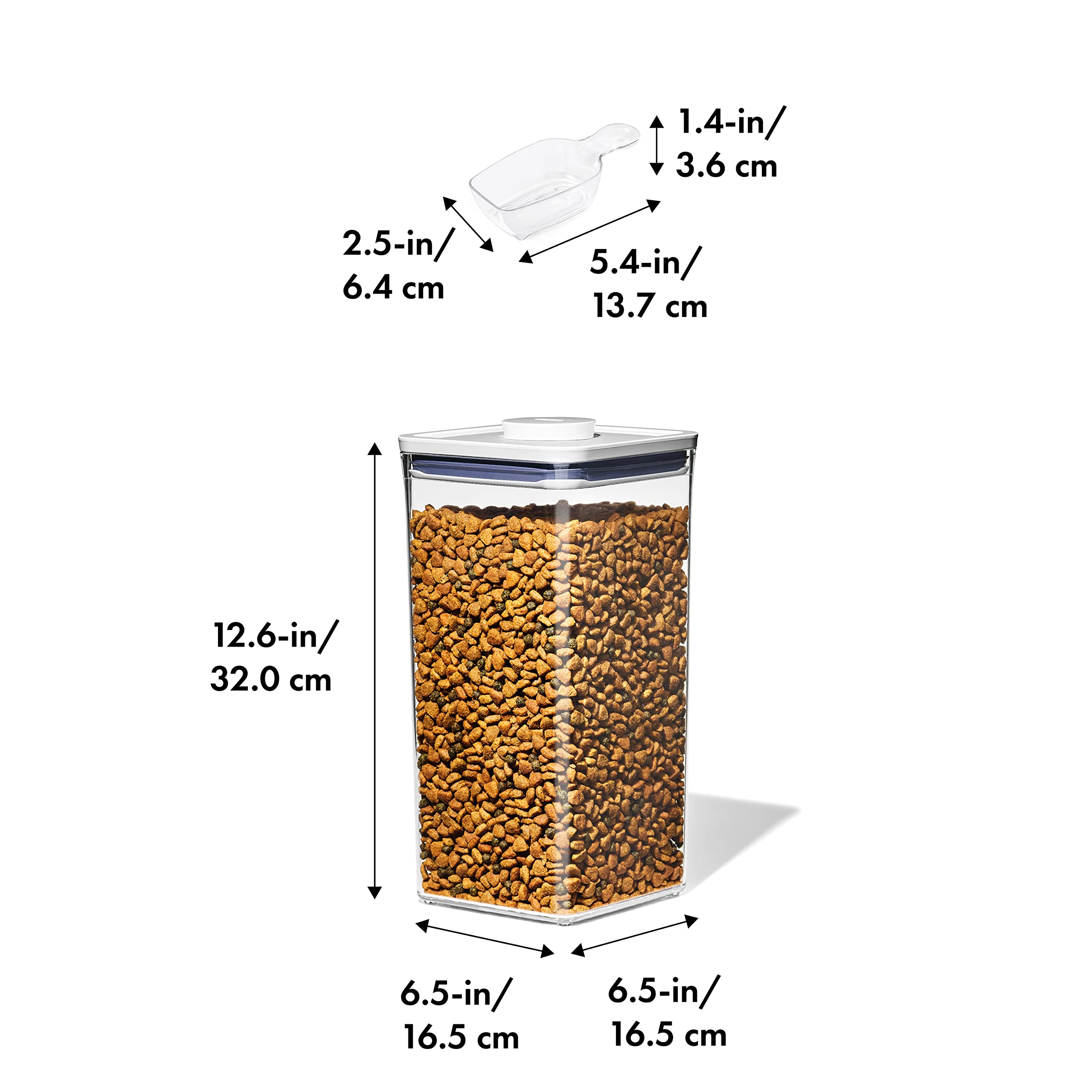 OXO Good Grips Pet POP Container – 6.0 Qt/5.7 L with Half Scoop, Ideal for up to 6.5lbs of Dog Food or 4.5lbs of Cat Food, Airtight Dog and Cat Food Storage Container, BPA Free, Clear