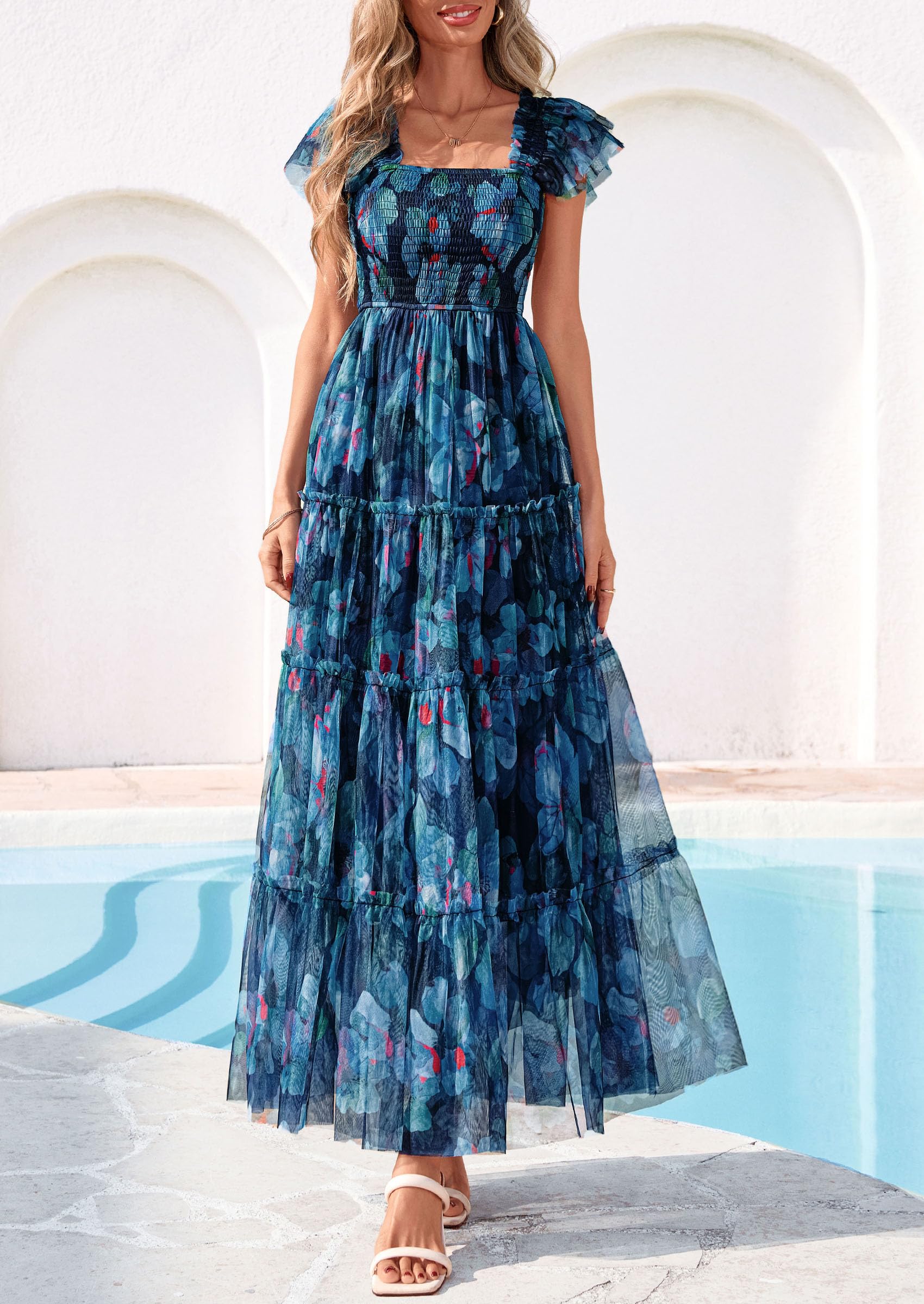 PRETTYGARDEN Women's Summer Tulle Midi Dress Sleeveless Smocked Ruffle Flowy Mesh Dresses Party Wedding Guest Sundress (Floral Navy Blue,Large)
