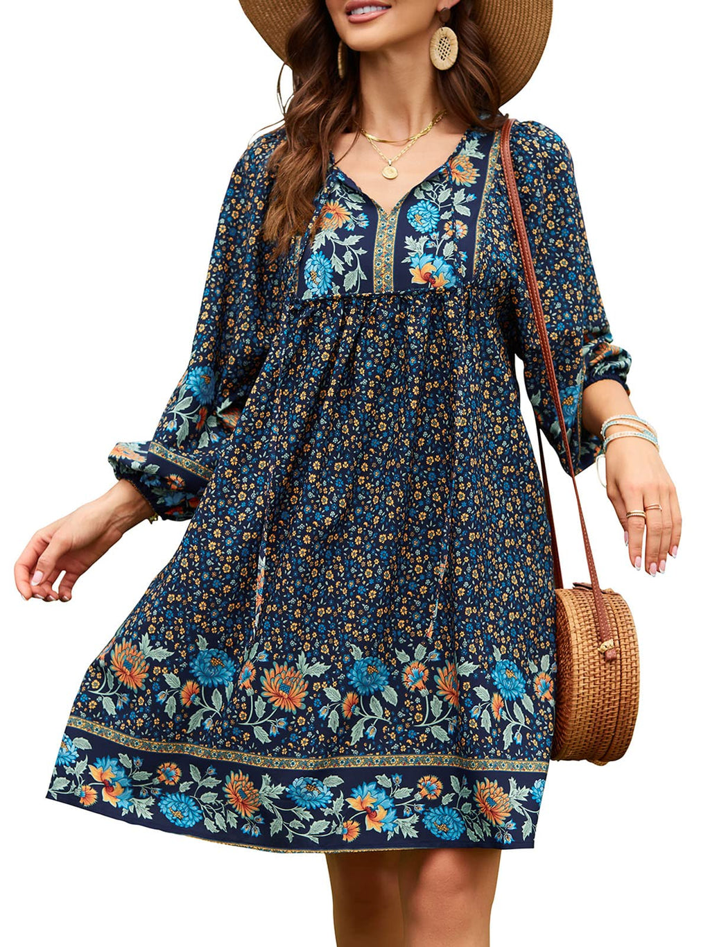 Qearal Womens Summer Beach Dresses V Neck 3/4 Long Sleeve Floral Print Casual Dresses Navy, XL