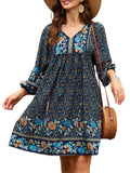 Qearal Womens Summer Beach Dresses V Neck 3/4 Long Sleeve Floral Print Casual Dresses Navy, XL