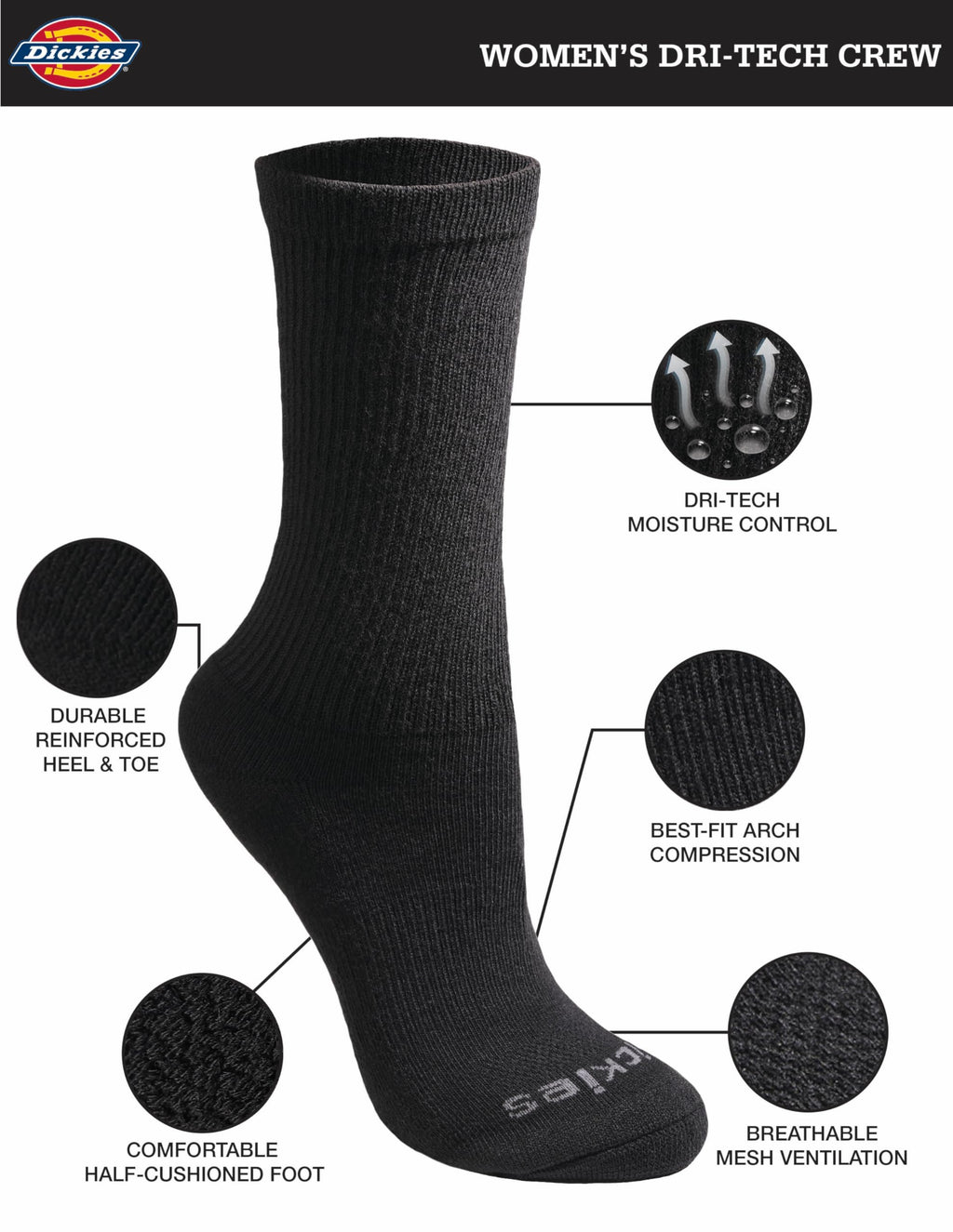 Dickies Women's Dri-Tech Essential Moisture Control Crew Socks, Available in S-XL (6, 12 Pairs), Black Solid (6 Pairs), Medium