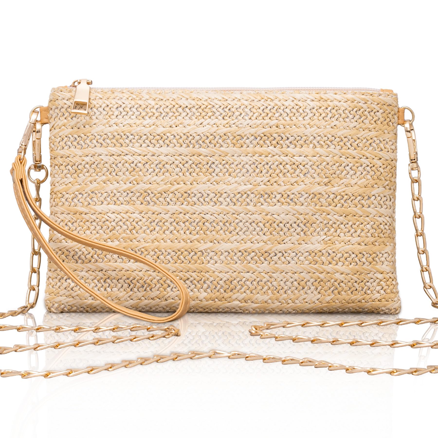 Larcenciel Straw Clutch Purses for Women w/Wrist Strap, Beige Woven Beach Purse & Chain Zipper, Boho Evening Wristlet Wallet, Summer Shoulder Crossbody Bag for Wedding Prom Vacation,8.6x5.7x0.4in