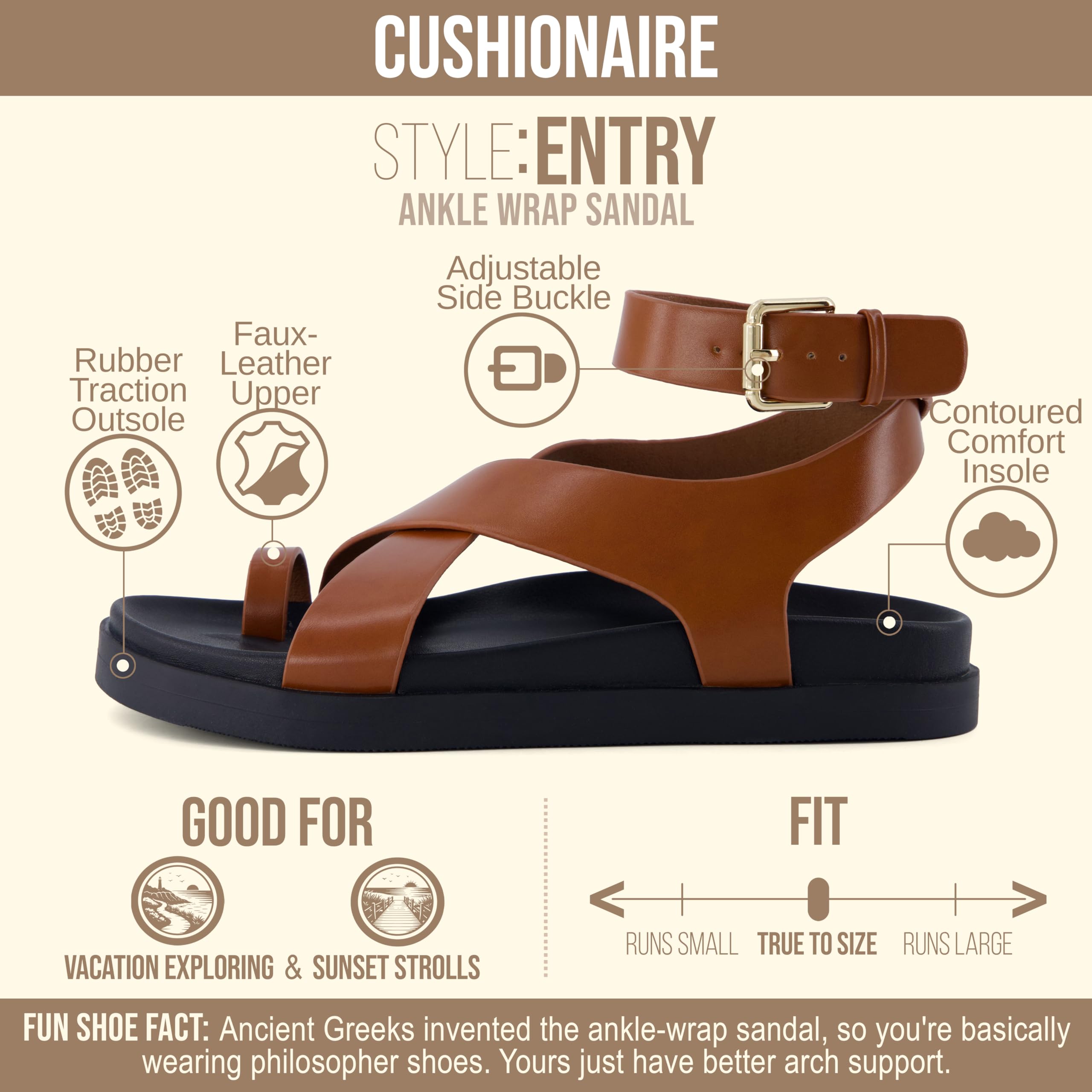 CUSHIONAIRE Entry Womens Ankle Wrap Molded Footbed Sandal with Adjustable Strap | Non-Slip Outsole | Womens Platform Sandals | Comfortable Summer Shoes | Wide Widths Available, WHISKEY 7W