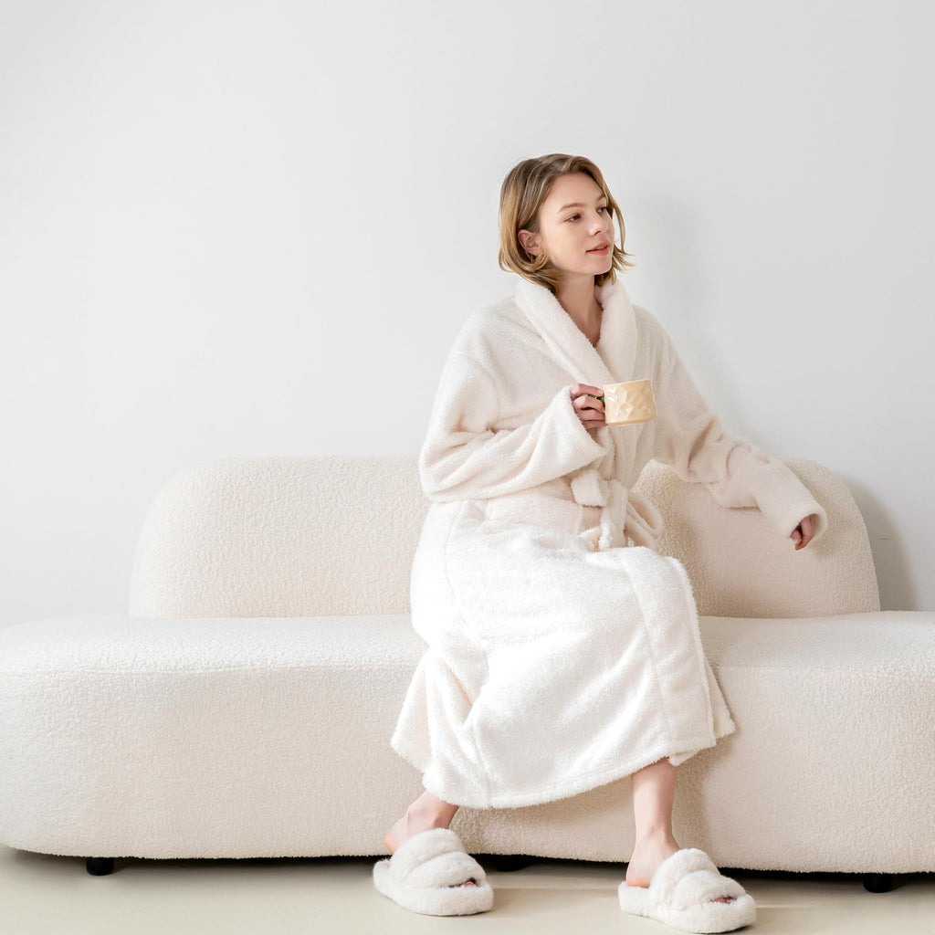 KORBLISS Robes for Women – Premium Plush Fleece Long Bathrobe for Women with Shawl Collar, Soft Warm Womens Robe with Pockets and Belt, White, Large