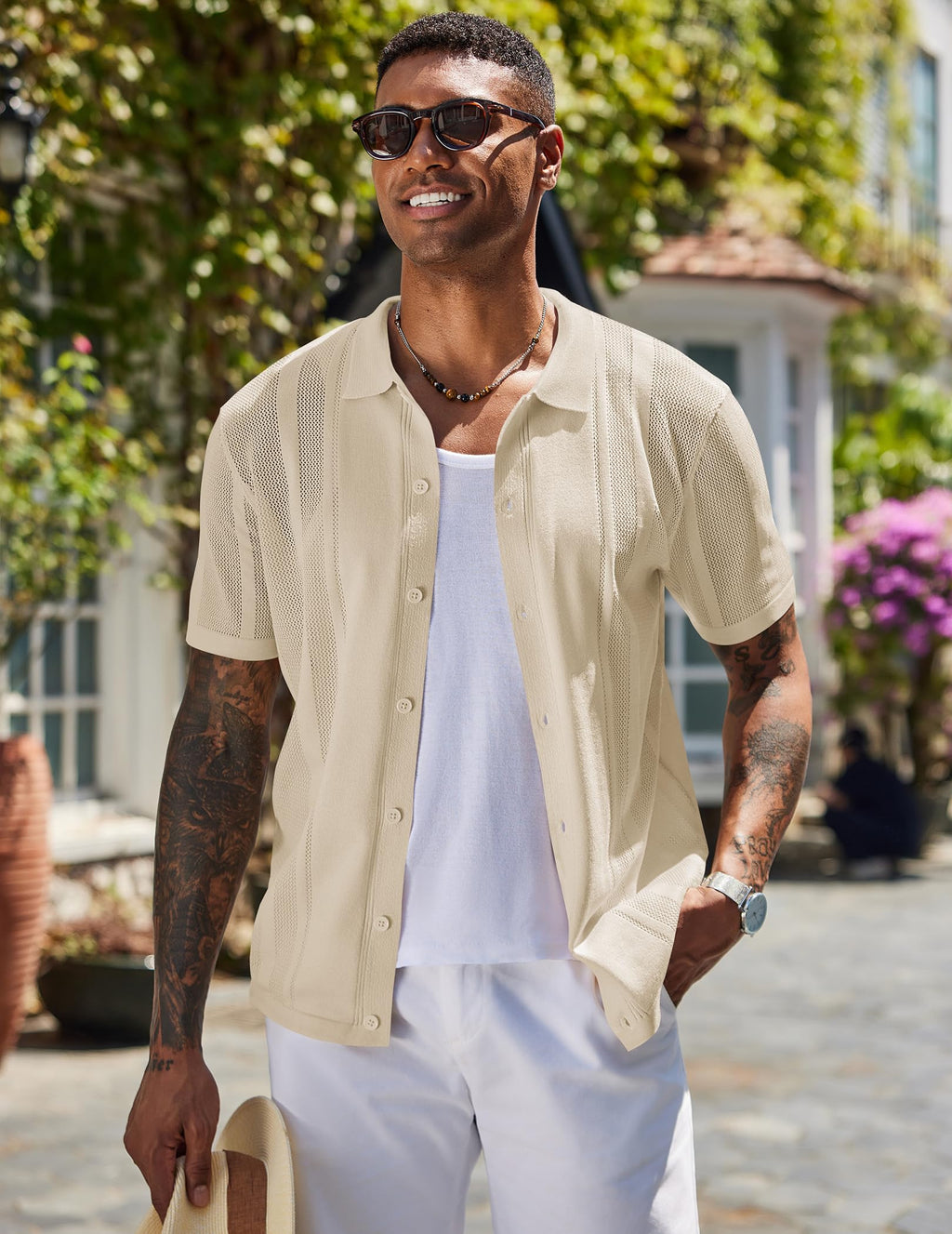 COOFANDY Men's Short Sleeve Knit Shirt Casual Button Down Shirt Vintage Knitted Polo Golf Beach Tops Light Khaki
