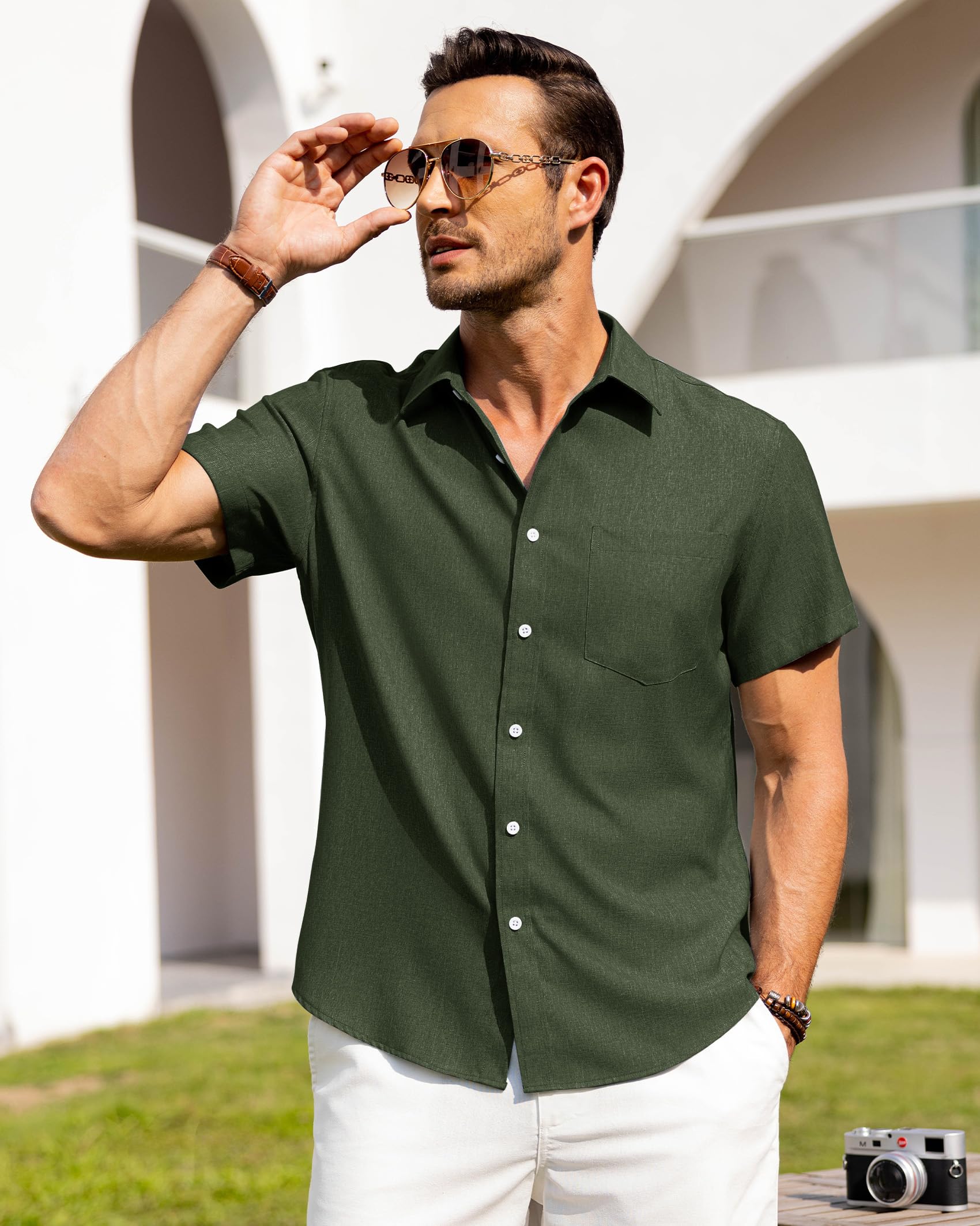 Alimens & Gentle Mens Linen Shirts Short Sleeve Button Down Shirts Wrinkle Free Casual Vacation Beach Summer Tops,Olive Green,M