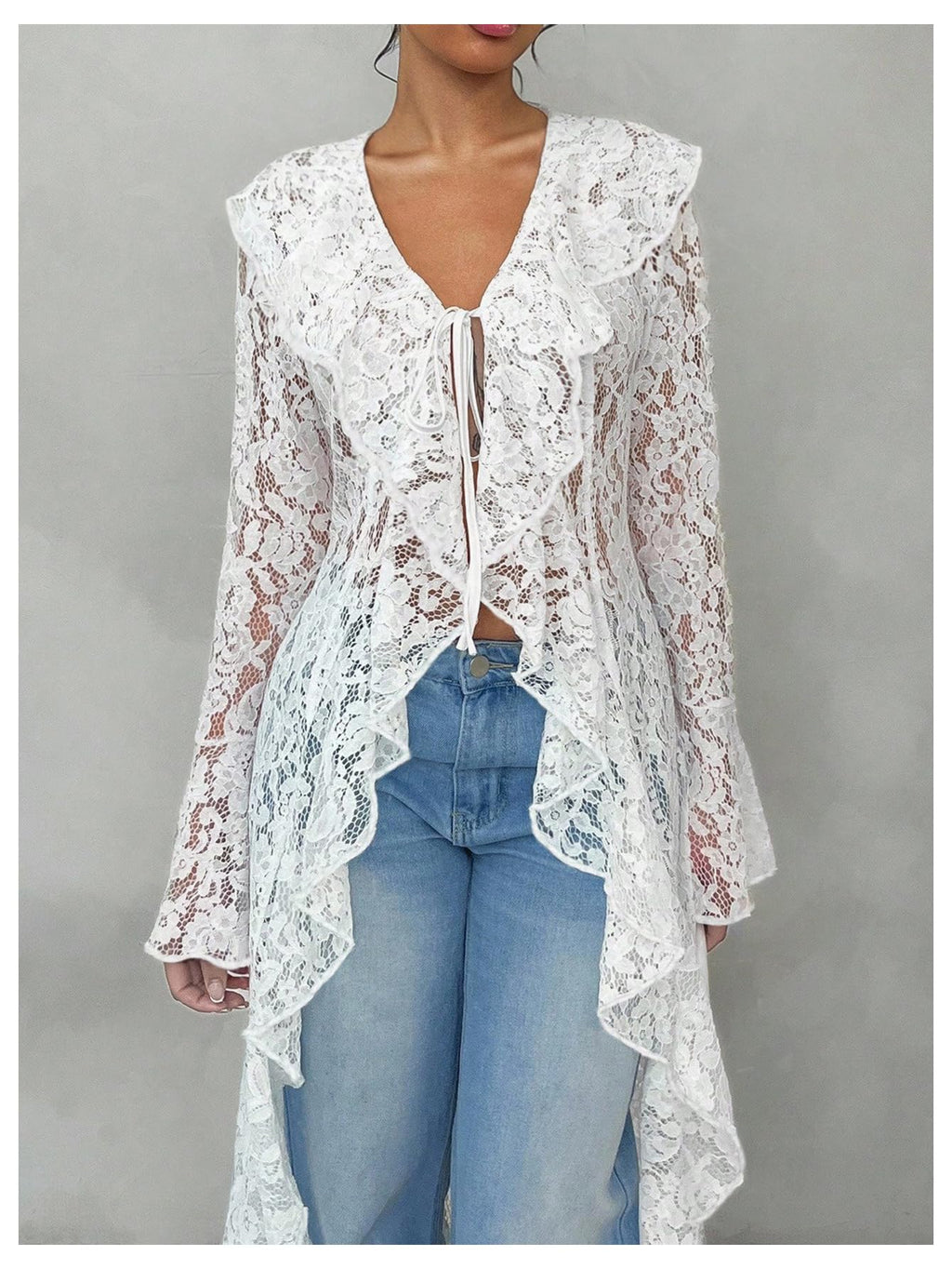 WDIRARA Women's Floral Lace Tie Front Blouse Long Bell Sleeve V Neck Ruffle Tops High Low Shirts White X-Large