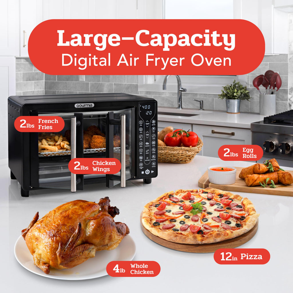 Gourmia French Door Air Fryer – 25 Qt Large Capacity Convection Oven, Fryforce 360°, Digital Display with 17 Cooking Presets, Bake, Toast, Roast, Dehydrate, Fits 12” Pizza