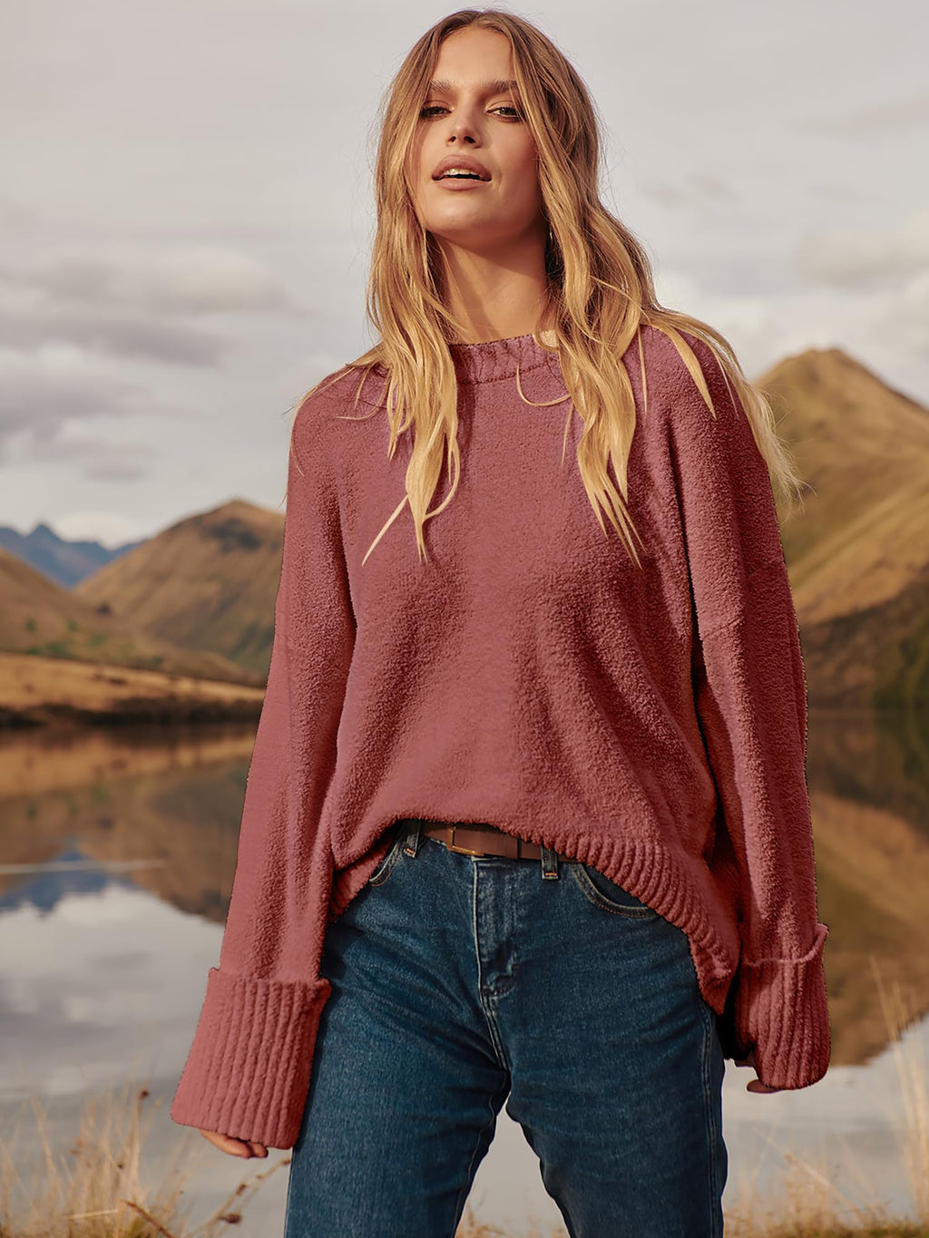 ANRABESS Women's Oversized Sweaters 2025 Long Sleeve Fuzzy Knit Casual Chunky Pullover Sweater Fall Outfits Clothes Rust - Birck Red Small