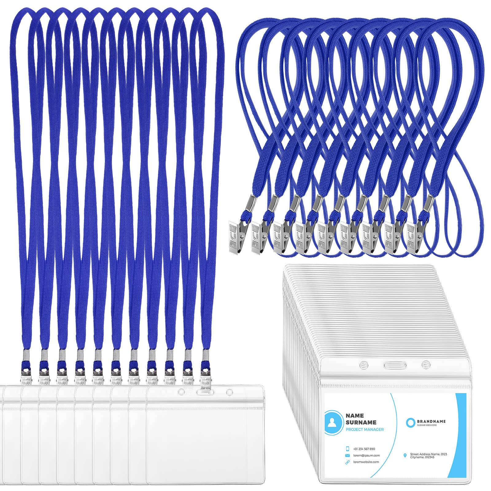 Marspark 100 Sets Clear Name Tags with Lanyard, Lanyards for ID Badges Reusable Strap with ID Holder Plastic Name Badges for Adults Business School Church Conference (Blue)