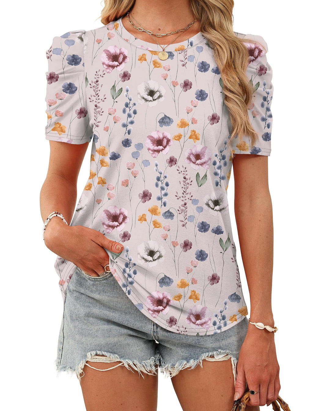 WIHOLL Plus Size Spring Tops for Women 2026 Dressy Casual Summer Lightweight Top and Blouses Crewneck Puff Sleeve School Teacher Shirts Fashion Clothes Floral XL