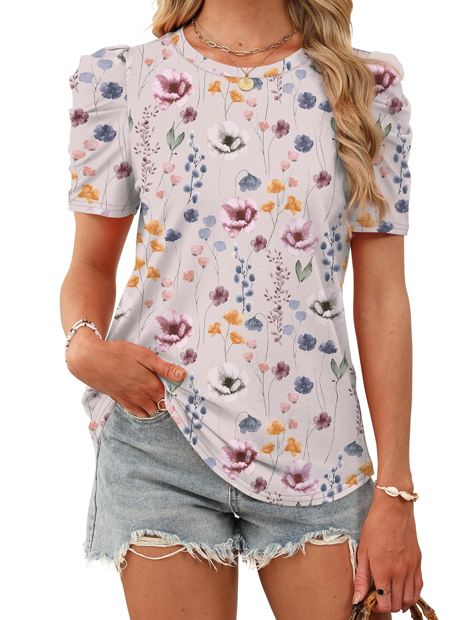 WIHOLL Plus Size Spring Tops for Women 2026 Dressy Casual Summer Lightweight Top and Blouses Crewneck Puff Sleeve School Teacher Shirts Fashion Clothes Floral XL