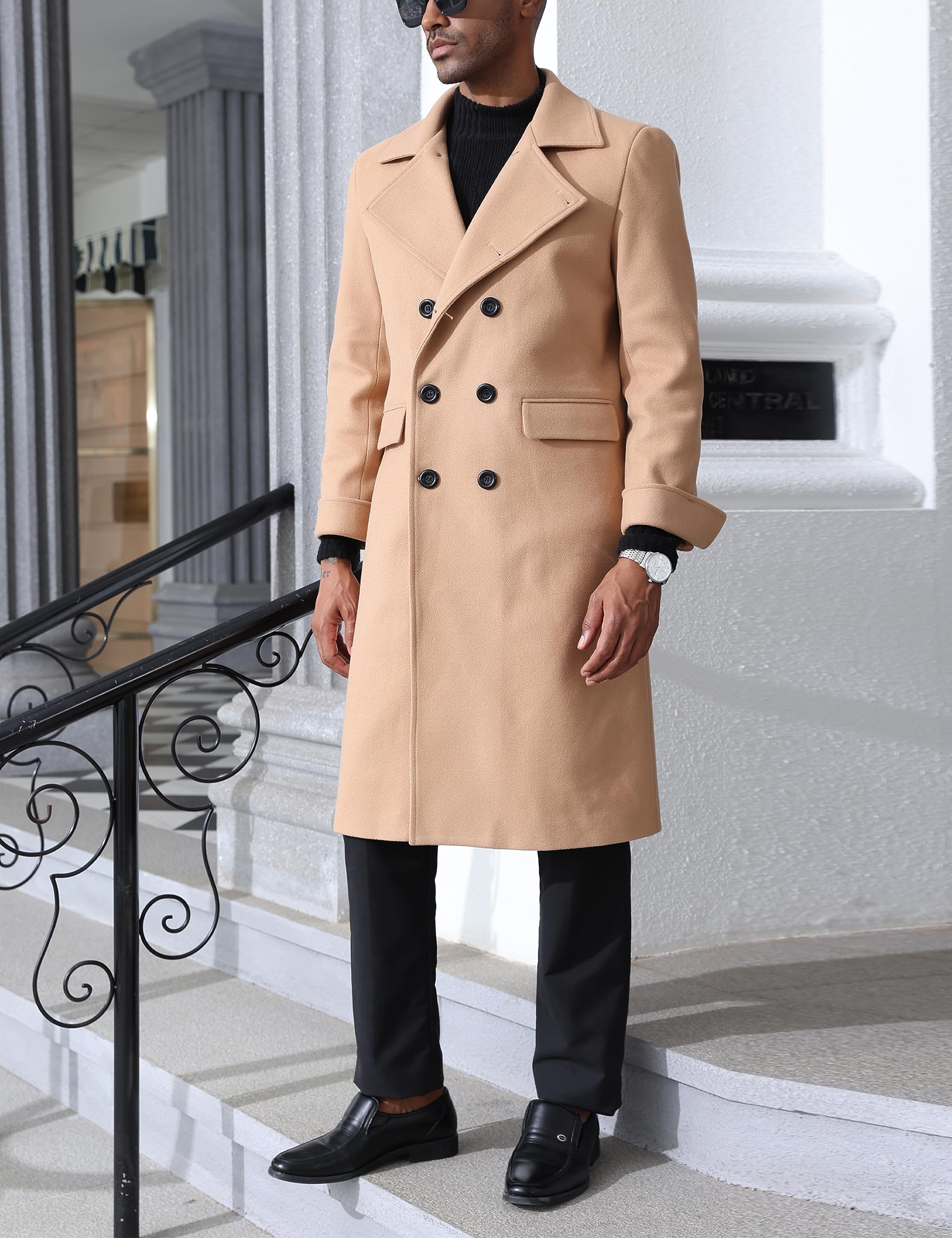 Springrain Men's Pea Coat Double Breasted Overcoat Lapel Coat Classic Long Trench Coat(Camel-S)