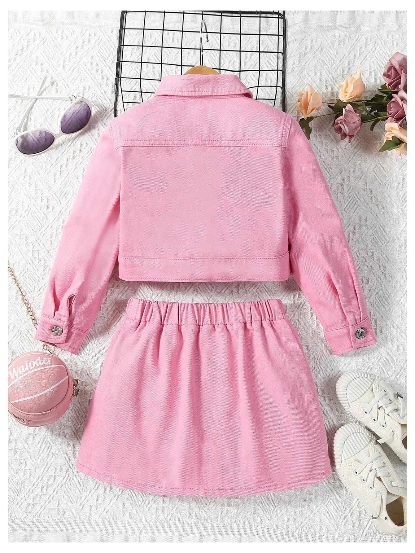 WDIRARA Girl's 2 Piece Outfits Button Front Long Sleeve Denim Jacket and A Line Skirt Set Pink 4Y