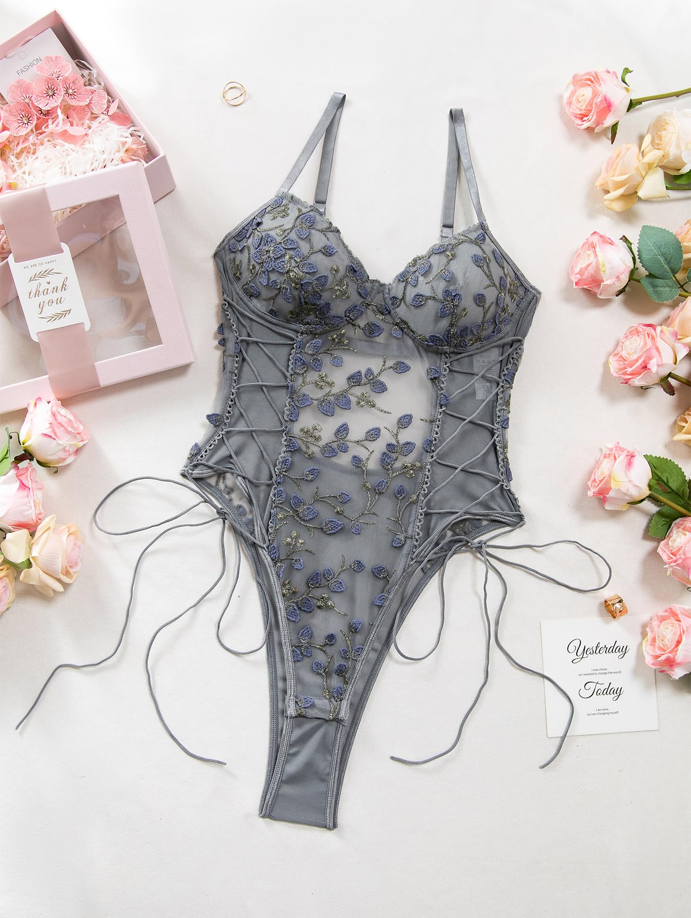 Lilosy Women Sexy Lace Up Floral Embroidered Teddy Babydoll Lingerie Bodysuit Top Mesh Sheer One Piece See Through Medium Grey