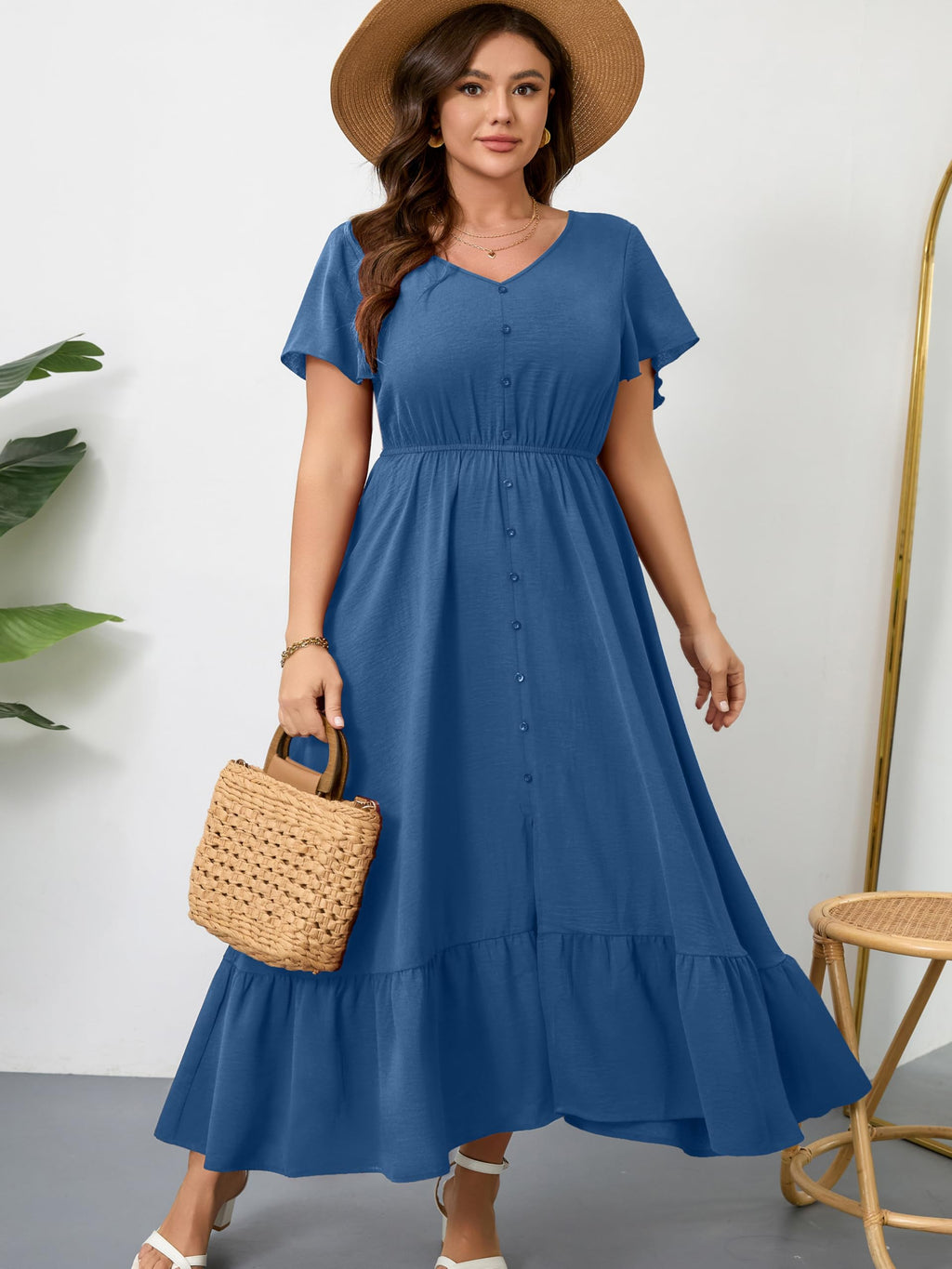 RWJ Women Plus Size Maxi Dress V Neck Short Sleeve Button Trim Split Flowy Tiered Casual Long Dresses 2026 Dusty Blue X-Large