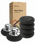 Soilleta 8 Pcs Steel Wool Scrubbers with 2 Pcs Handle,Stainless Steel Scouring Pads for Cast Iron Skillets, Grill & Kitchen Pots - Rust Resistant, Non-Splintering Heavy Duty for Tough Grease
