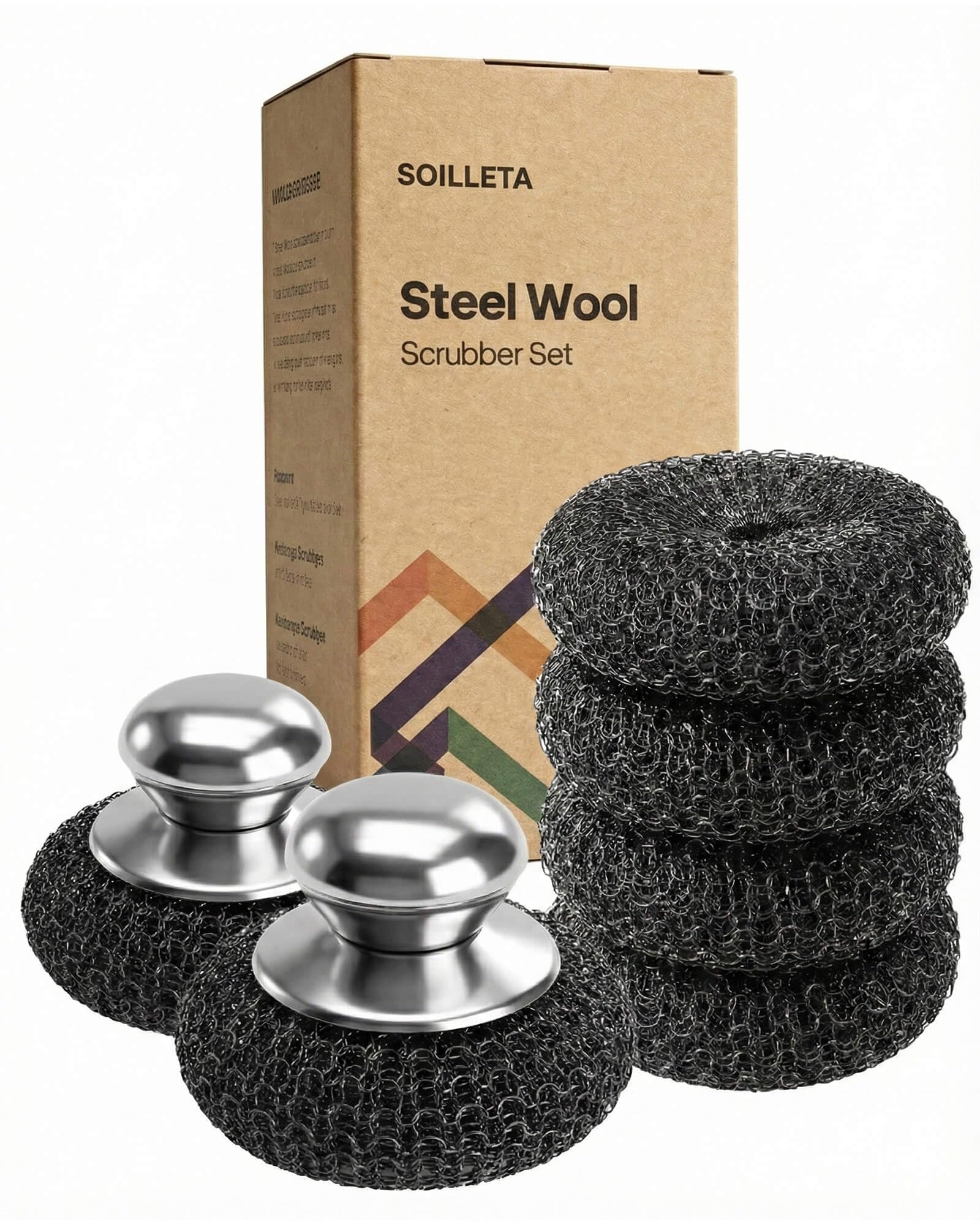Soilleta 8 Pcs Steel Wool Scrubbers with 2 Pcs Handle,Stainless Steel Scouring Pads for Cast Iron Skillets, Grill & Kitchen Pots - Rust Resistant, Non-Splintering Heavy Duty for Tough Grease