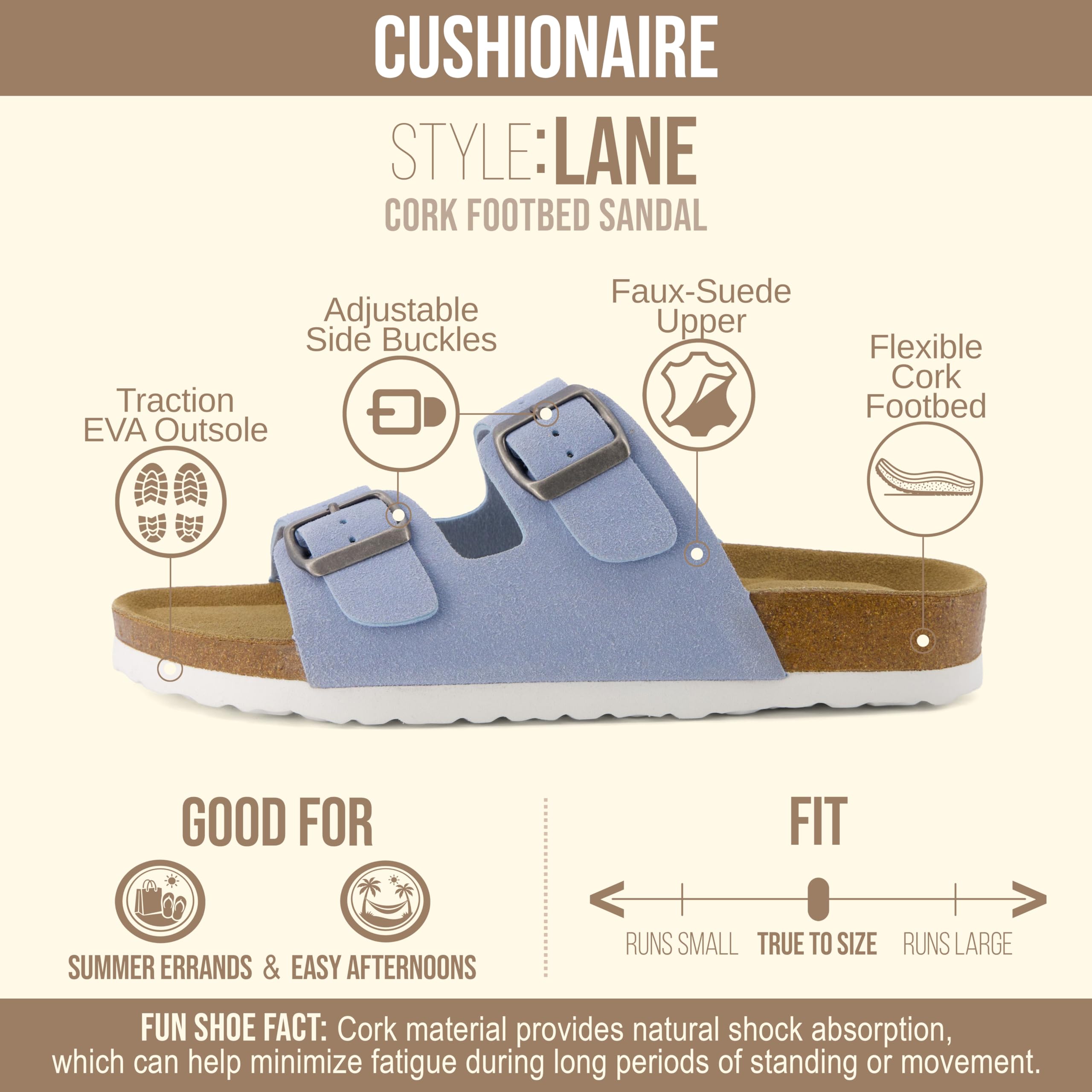 CUSHIONAIRE Lane Cork Footbed Womens Sandals Comfortable Double Buckle Slip On Sandals for Women with Arch Support and Classic Two Strap Design, BLUE 11