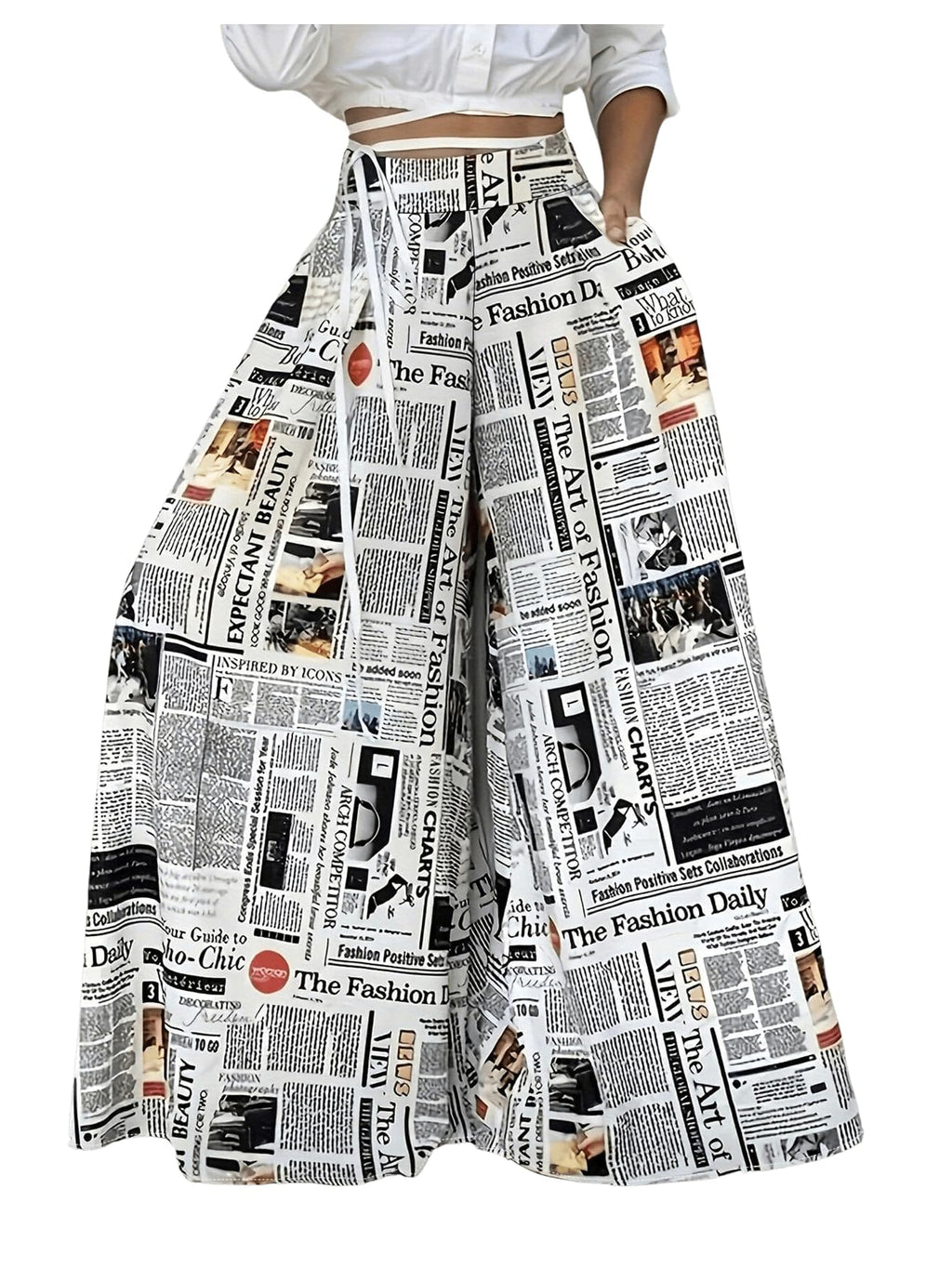 WDIRARA Women's Newspaper Print Wide Leg Pants Elastic Waist Loose Funky Letter Print Palazzo Pants Multicolor Large