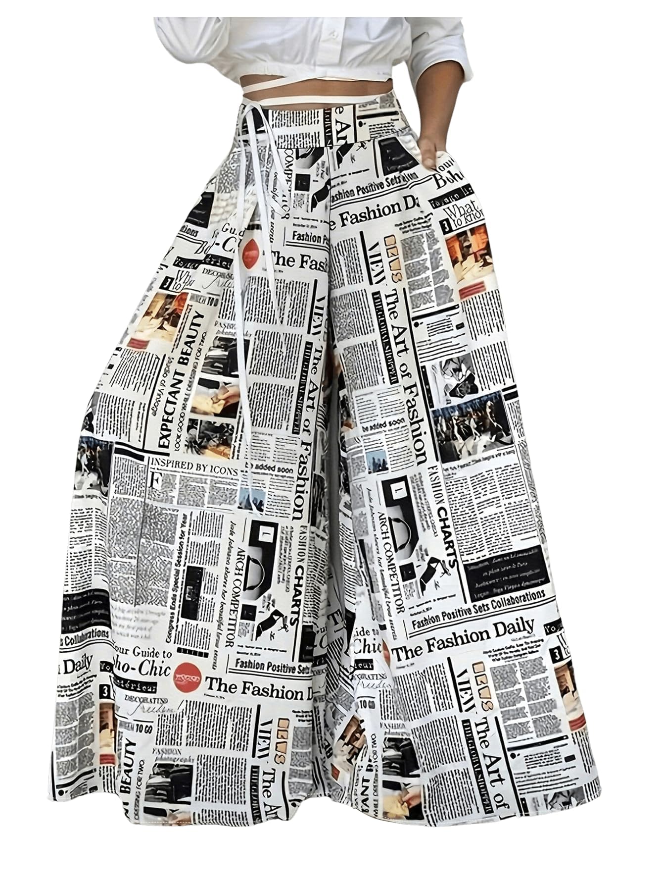 WDIRARA Women's Newspaper Print Wide Leg Pants Elastic Waist Loose Funky Letter Print Palazzo Pants Multicolor Large
