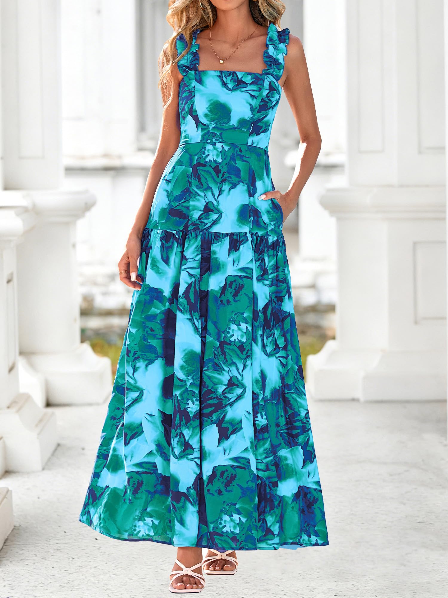 BTFBM Dresses for Women Summer 2026 Formal Sleeveless Smocked Floral Long Wedding Guest Dress Party Spring (Floral Lake Blue,Medium)