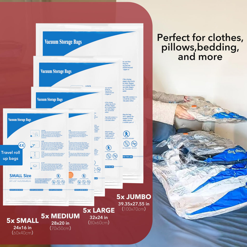 Vacuum Seal Bags for Clothing Travel & Home Storage, travel vacuum bags with pump, Store Blankets, Comforters, Pillows, Seasonal Clothes Compactly,24 Pack With Electric Pump