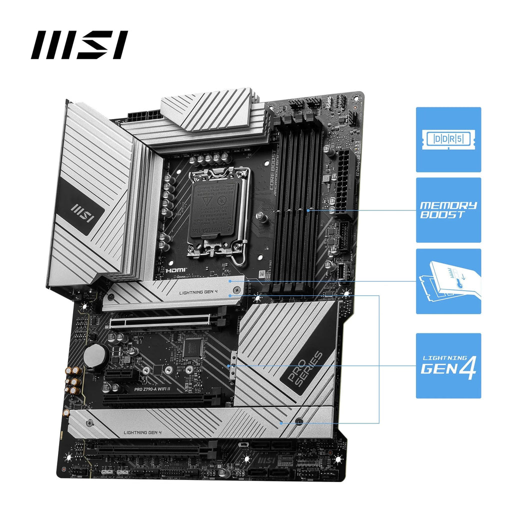 MSI PRO Z790-A WiFi II Motherboard, ATX - Supports Intel Core 14th, 13th & 12th Gen Processors, LGA 1700-80A SPS VRM, DDR5 Memory Boost 7800+MT/s/OC, PCIe 5.0 x16, 4 x M.2 Gen4, Wi-Fi 6E, 2.5G LAN