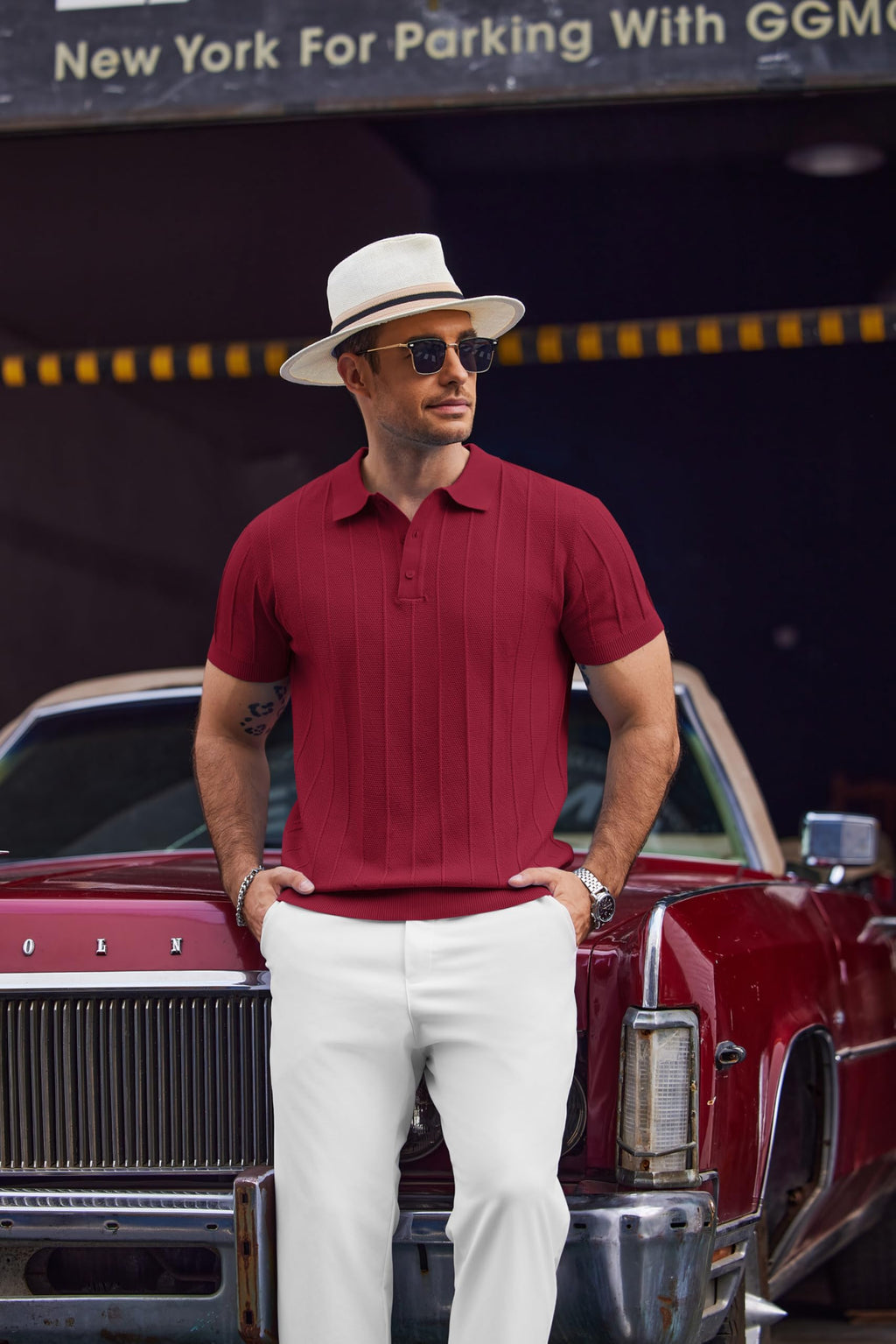 COOFANDY Mens Golf Shirt Ribbed Knitted Polo Shirts Business Casual Polos Shirt Vintage Textured Collared Shirts Trendy Summer Clothes 2025 Wine Red