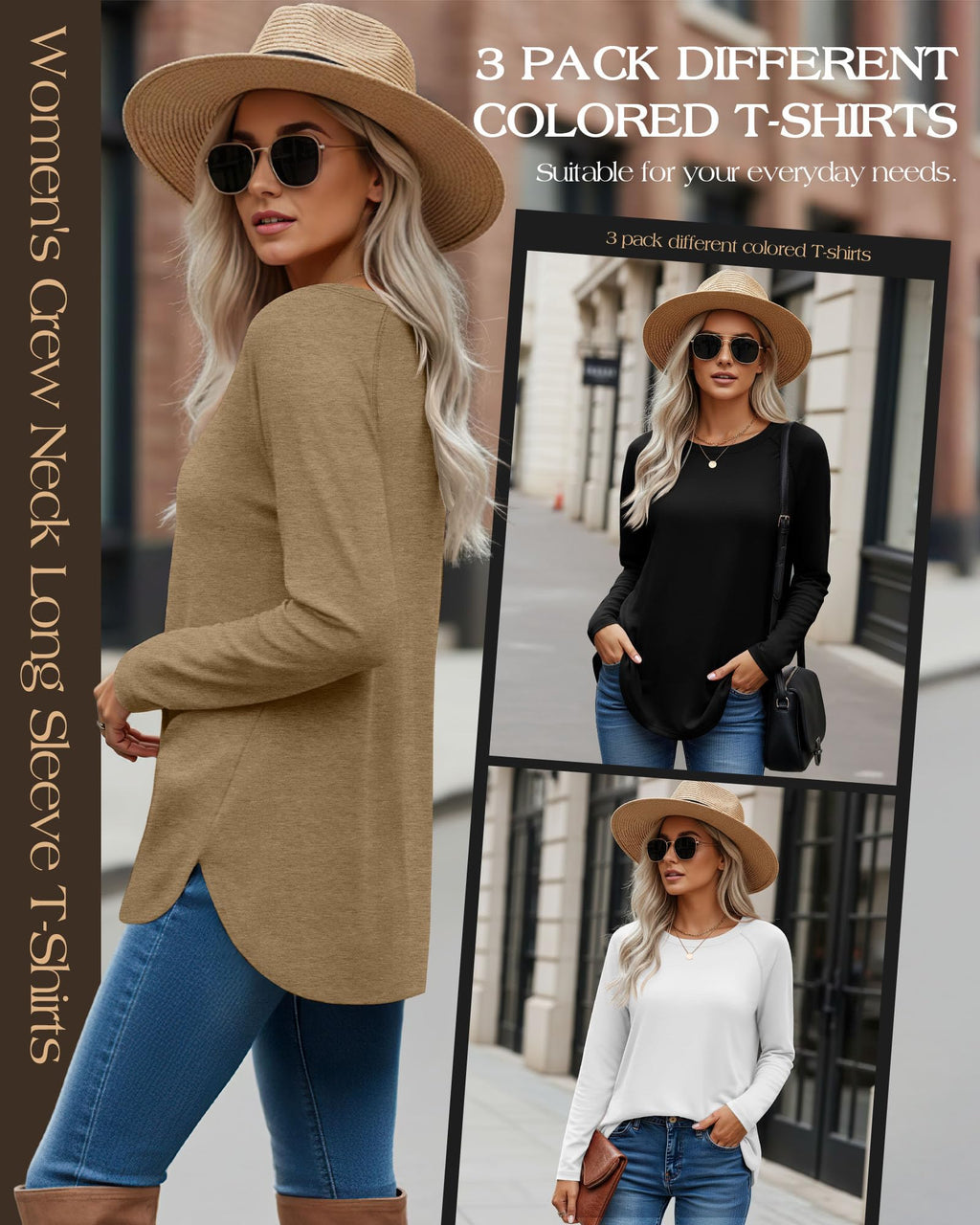 Ficerd 3 Pack Women's Long Sleeve T-Shirts Crew Neck Raglan Sleeve Casual Loose Fit Shirts Side Split Curved Hem Tunic Tops(Black, White, Dark Khaki,XX-Large)