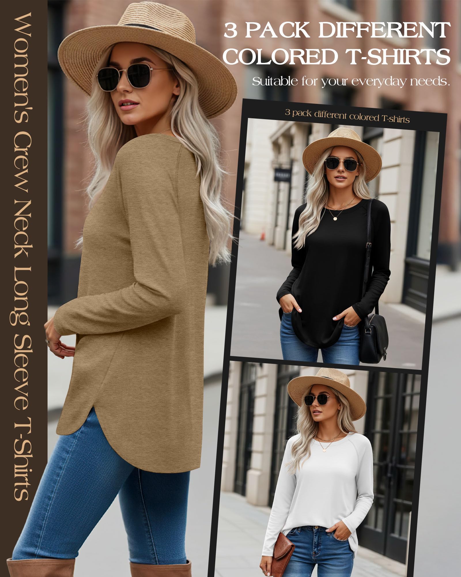 Ficerd 3 Pack Women's Long Sleeve T-Shirts Crew Neck Raglan Sleeve Casual Loose Fit Shirts Side Split Curved Hem Tunic Tops(Black, White, Dark Khaki,XX-Large)