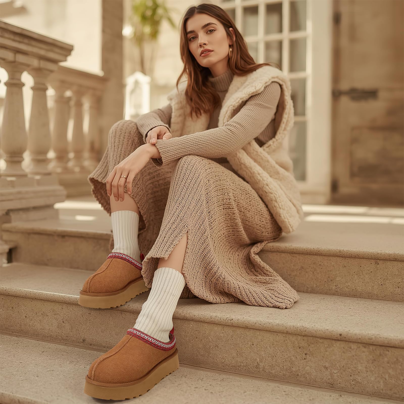 HOWILIM Genuine Suede Platform Slippers for Women Fuzzy Winter Warm Shoes Indoor Outdoor