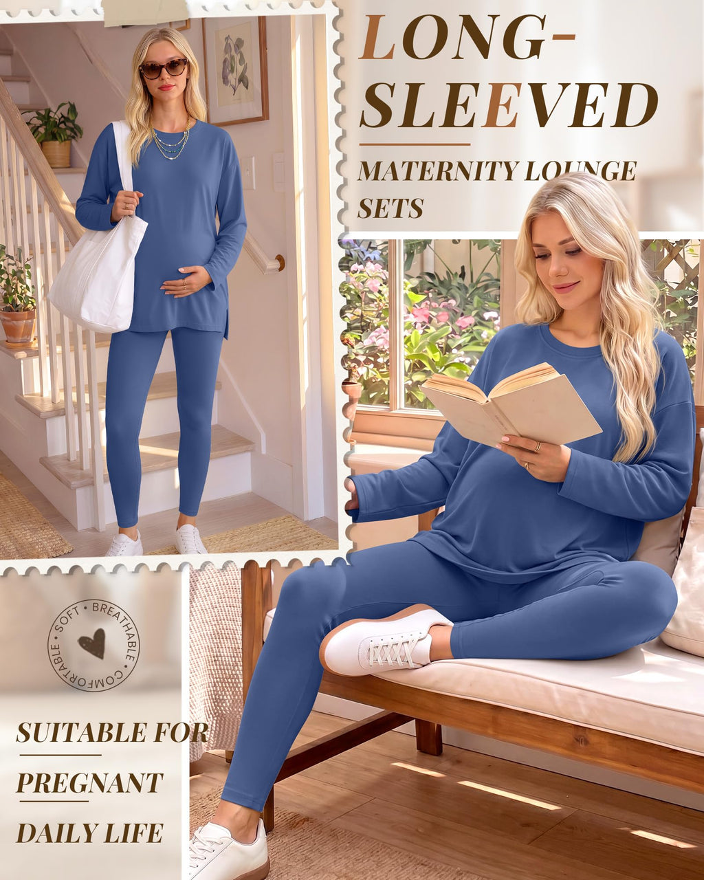Huukeay Women's Maternity Sets Postpartum Pajamas, Haze Blue, XX-Large