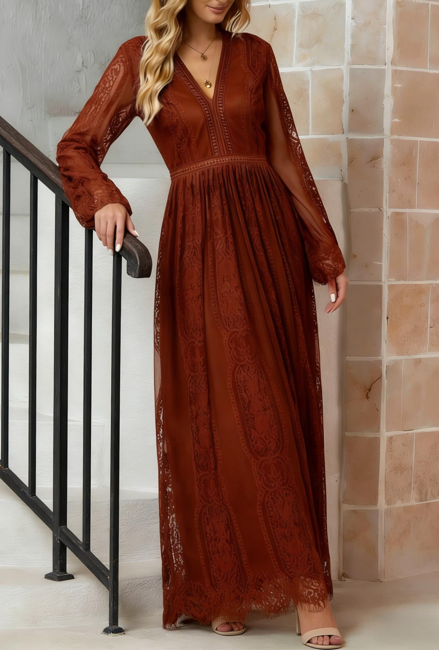 Cercis Women V-Neck Long Sleeve Floral Lace Formal Maxi Dress Spring Fall Flowy Party Dresses for Wedding Guest Rust