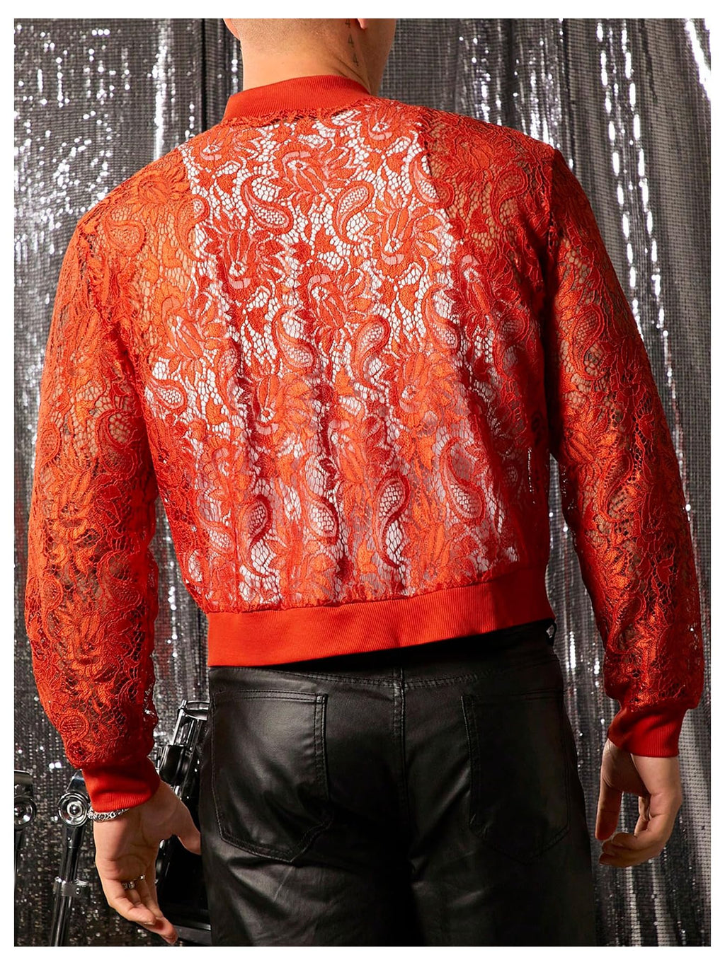 WDIRARA Men's Sheer Floral Lace Bomber Jackets Long Sleeve See Through Coats Zip Up Outerwear Red 3X-Large