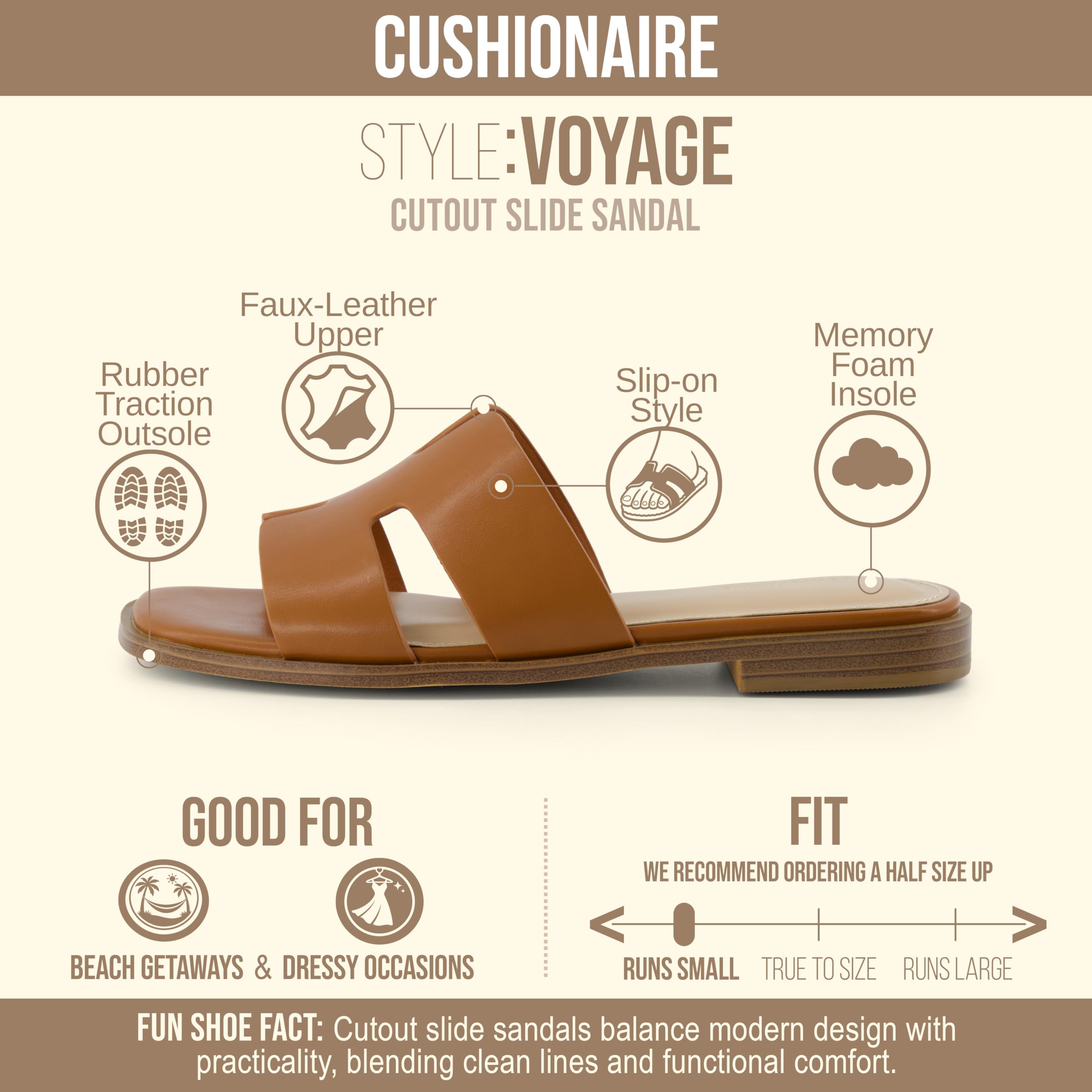 CUSHIONAIRE Voyage Cutout Strap Slides for Women, Slip On Summer Flats, Trendy Footwear, Memory Foam Vegan Leather Comfortable Vacation Style Sandals 2026, WHISKEY 9.5