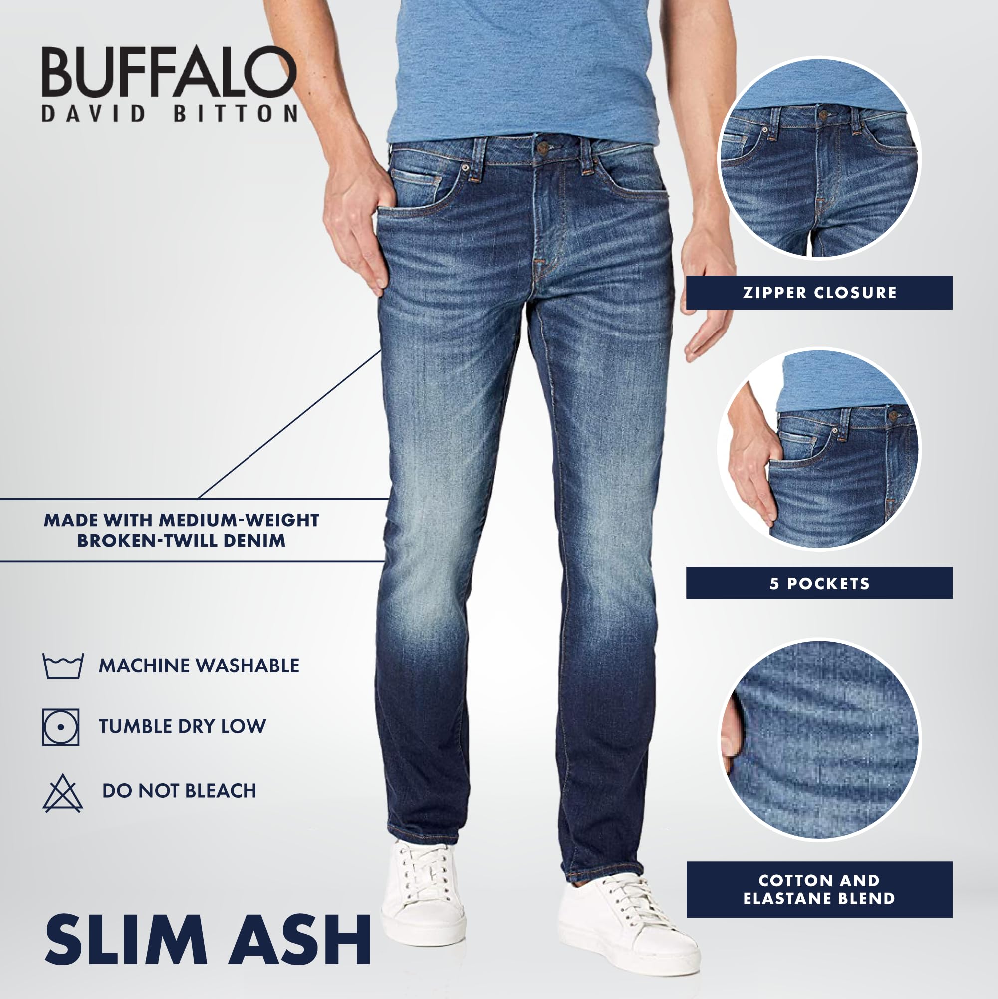 Buffalo David Bitton Men's Slim Ash Jeans, Deep Indigo Wash, 34 x 30