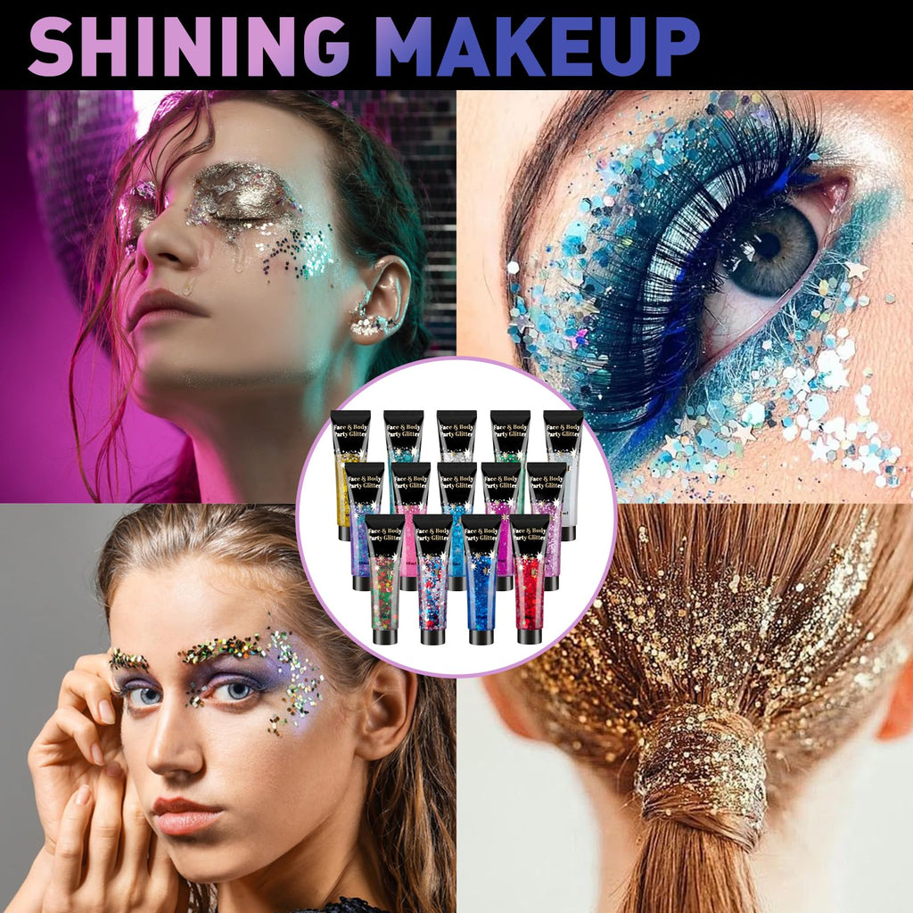 AROIC 14 Colors Body Glitter, Face & Hair Glitter Gel Set for Mardi Gras, Eye Shimmer for Women Glow in the Dark Rave Accessories Party Supplies, Face Paint Hair/Cheek/Eyelid Sparkle Makeup(18ml/Tube)