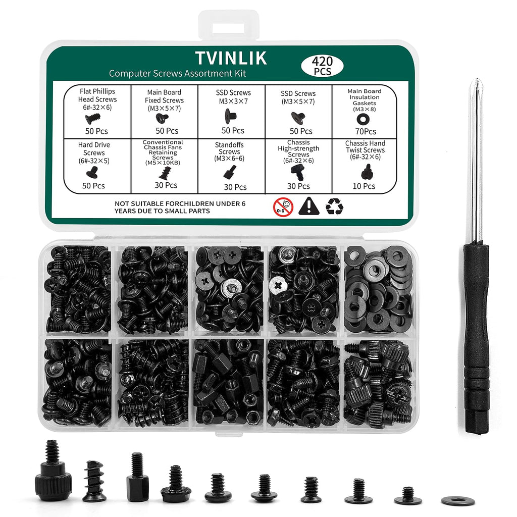 420PCS Computer Screw Kit, Motherboard Standoffs Assorted Screws for PC Case, HDD, SSD, Laptop, Fan, CD-ROM - for DIY PC Build Repair