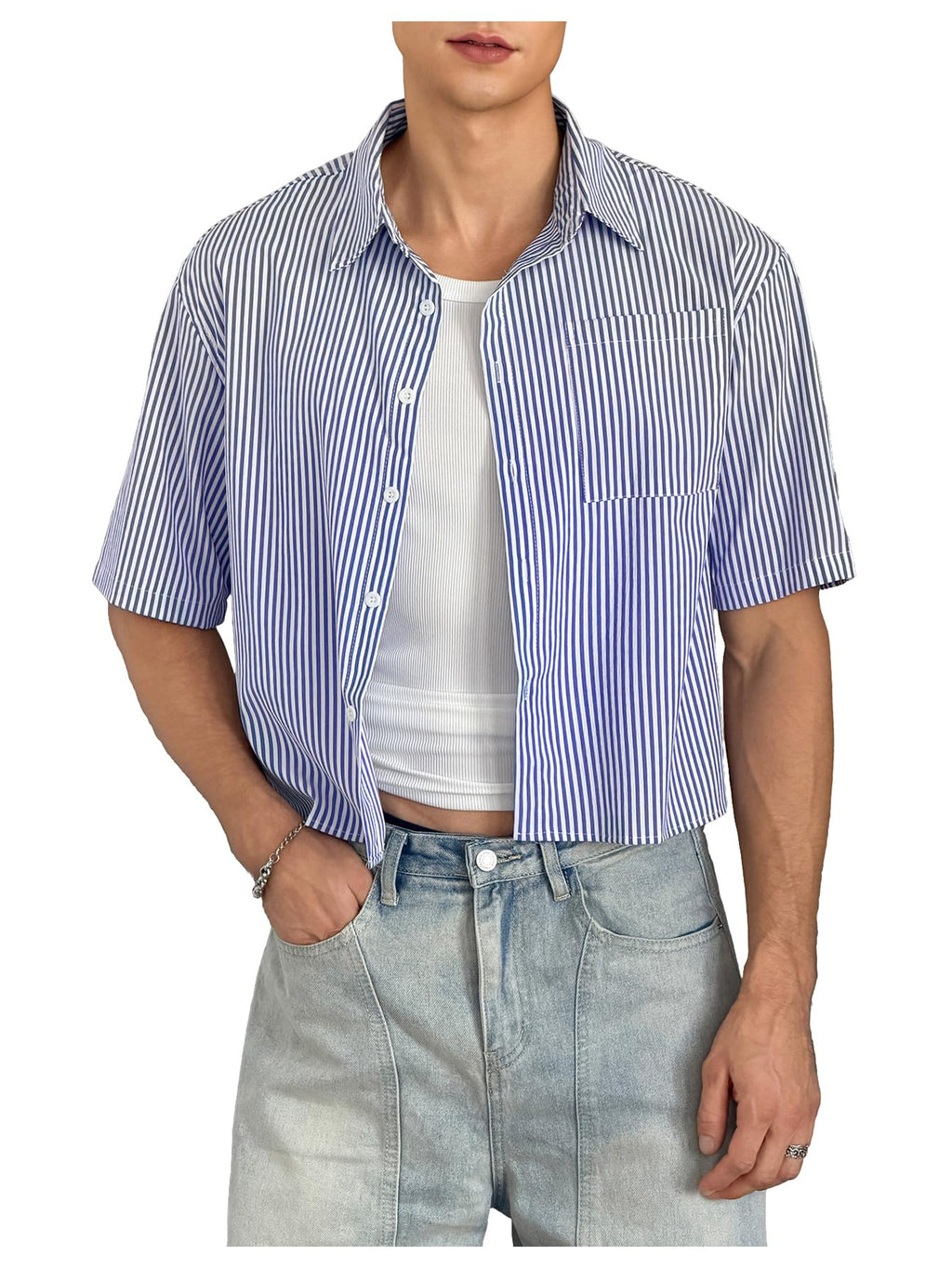 GORGLITTER Men's Striped Cropped T Shirt Button Down Up Y2k Short Sleeve Collar Oversized Tops Blue Small