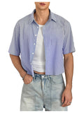 GORGLITTER Men's Striped Cropped T Shirt Button Down Up Y2k Short Sleeve Collar Oversized Tops Blue Small